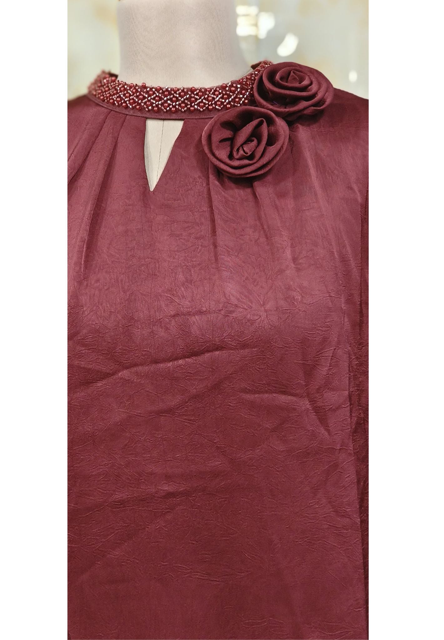 Casual Puff Sleeves Solid Women Top with decorative rose embellishment at the collar-07503