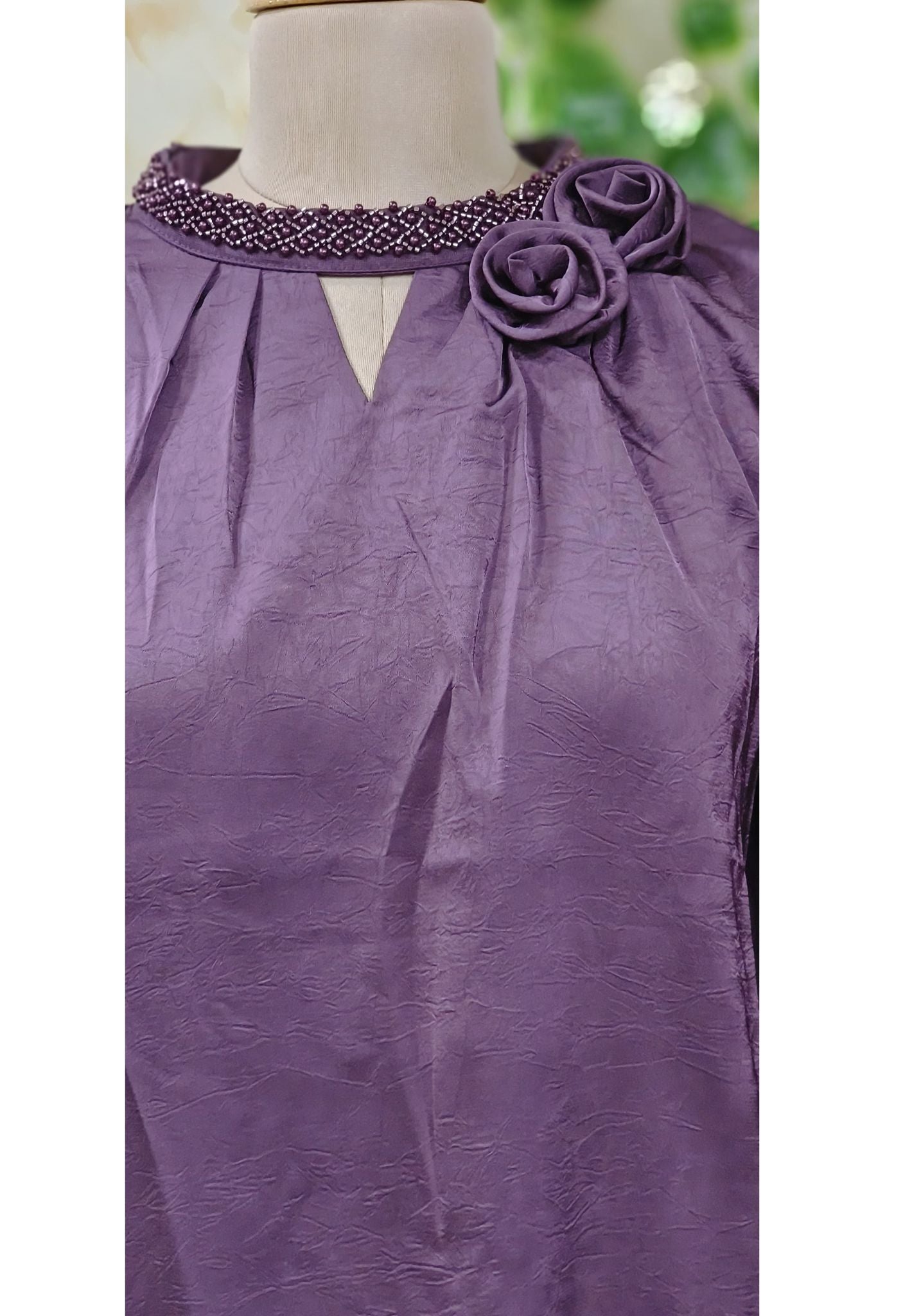 Casual Puff Sleeves Solid Women Top with decorative rose embellishment at the collar-07503