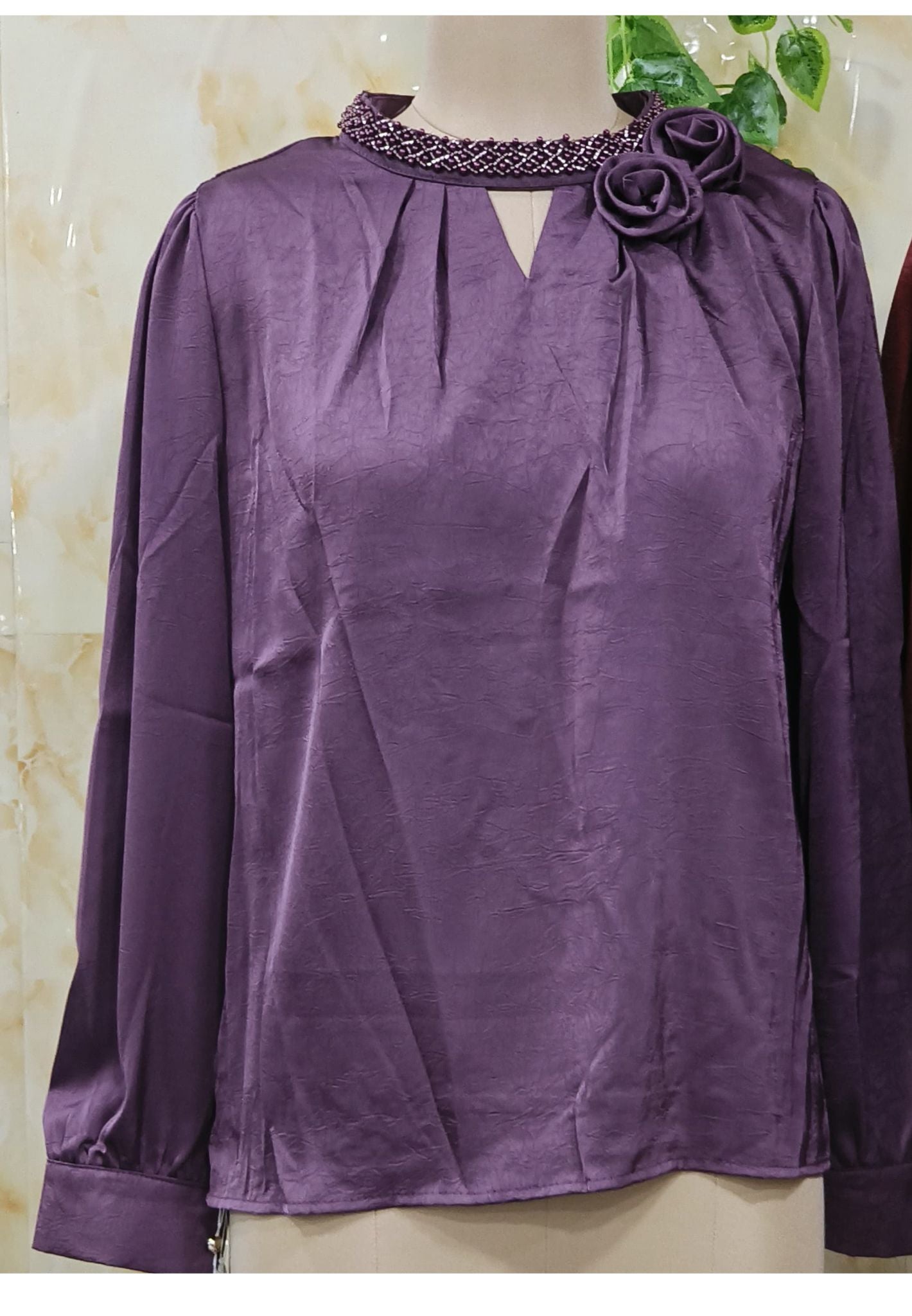 Casual Puff Sleeves Solid Women Top with decorative rose embellishment at the collar-07503