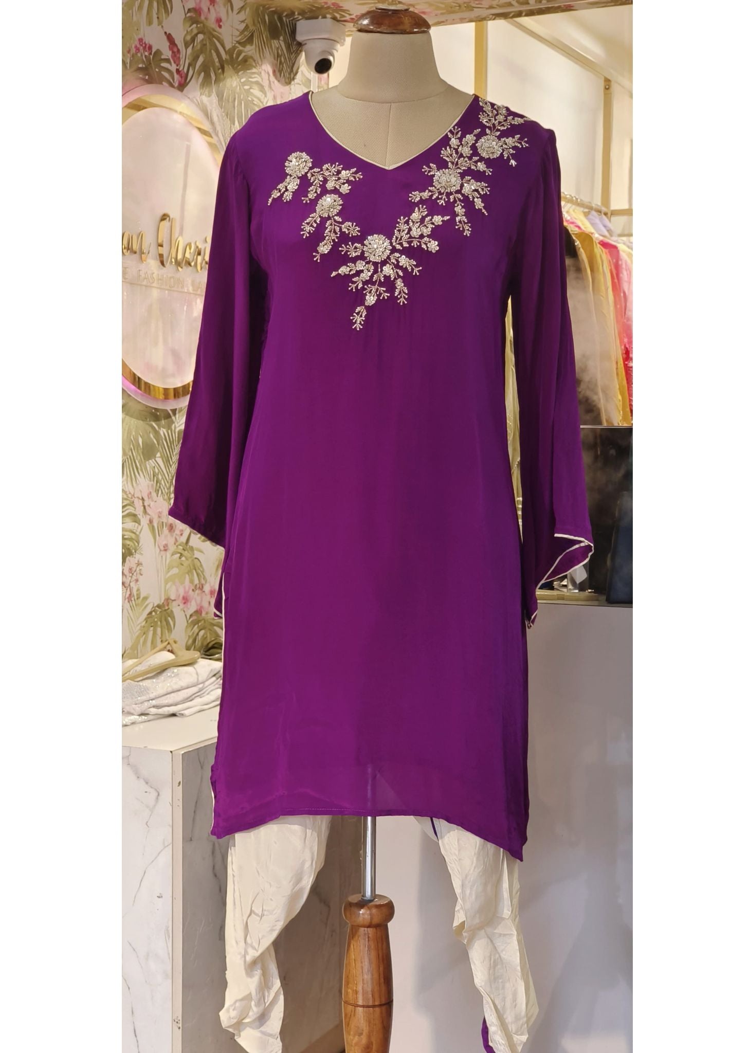 Stylish Indo western Pure Crape Cut dana Work Kurta With Tulip Pant-DRYWASH-