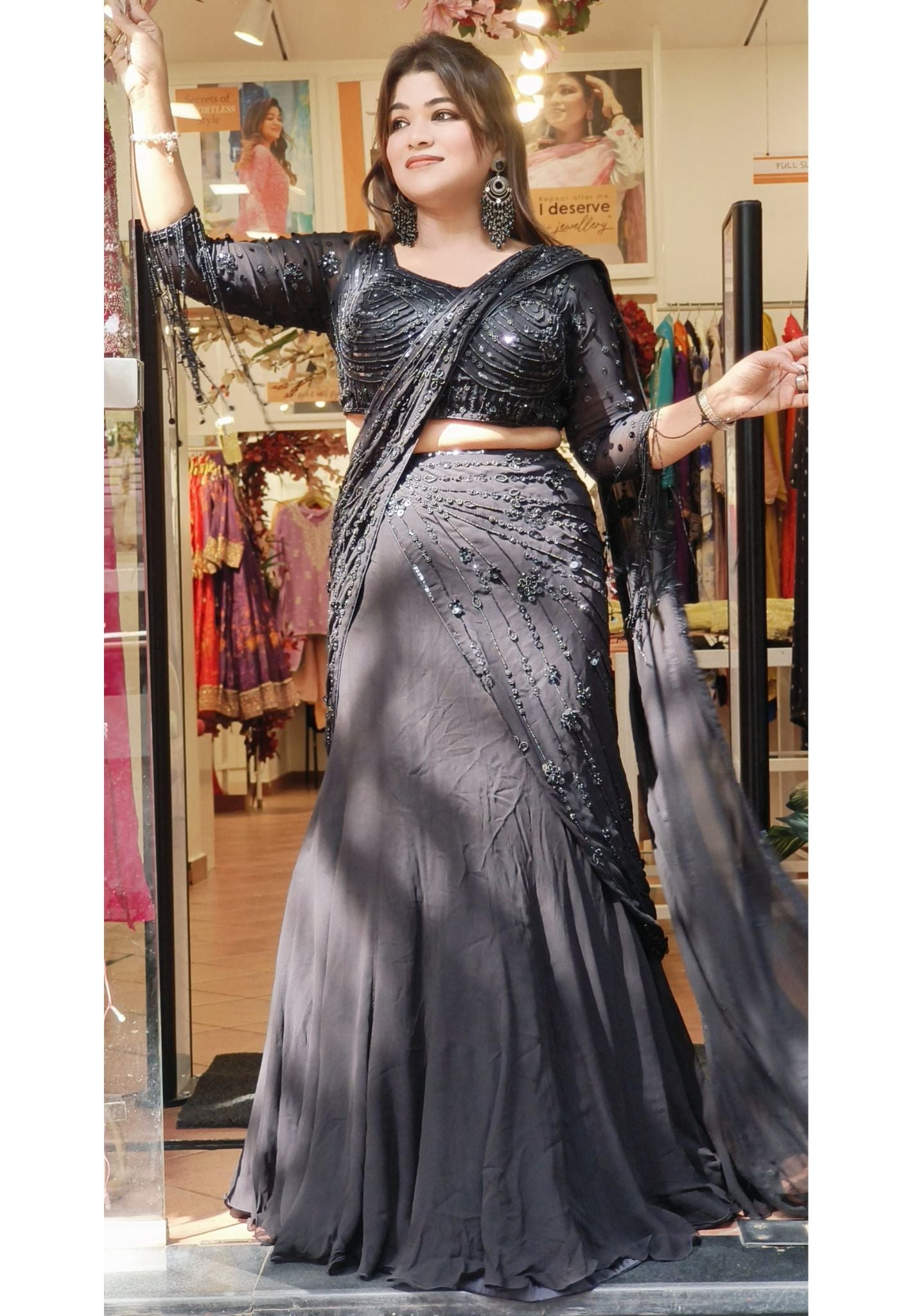Stunning Georgette Embellished Lehenga Set with Stylish Sleeves DRY WASH-(Dispatching After 20 Days)