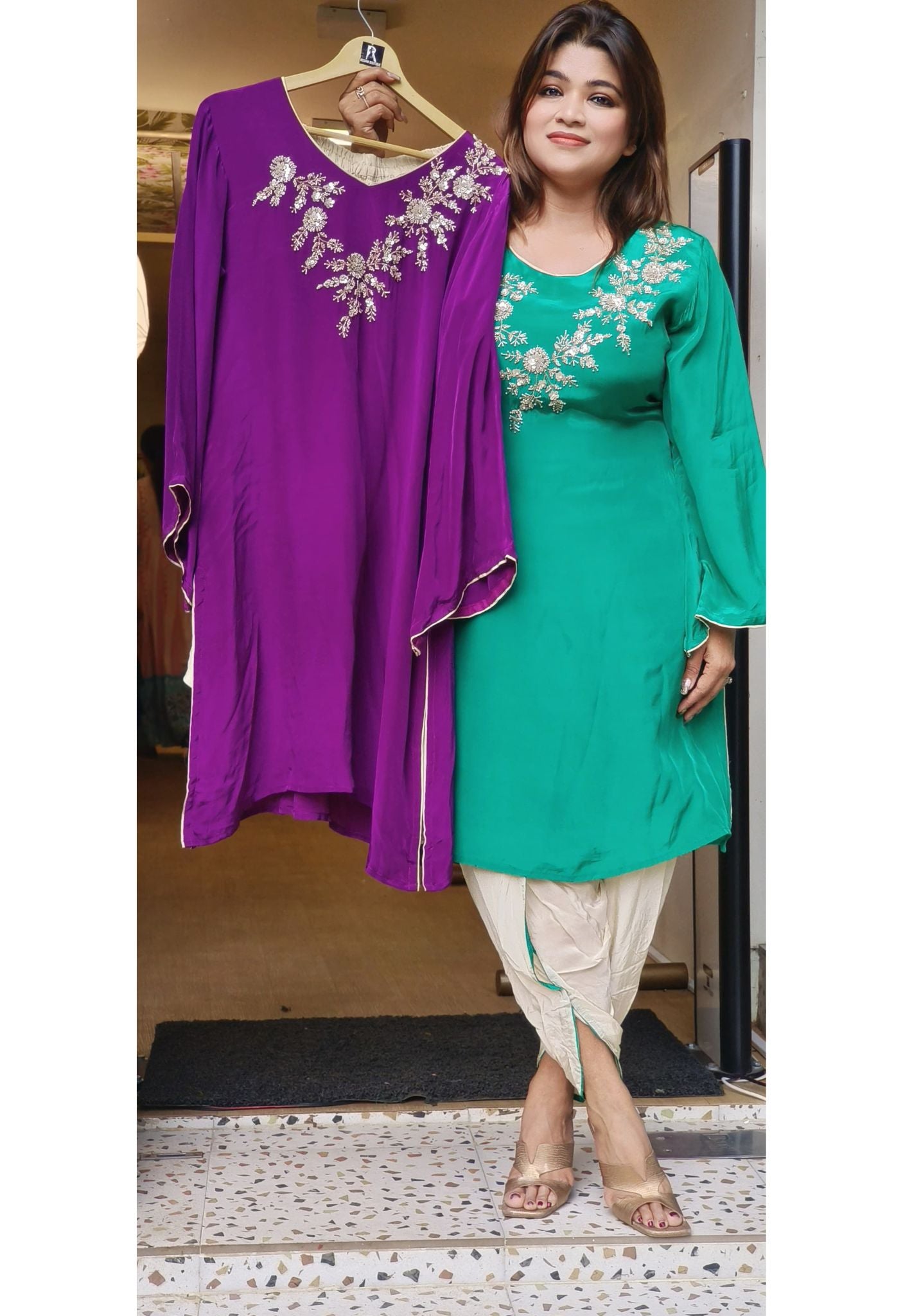 Stylish Indo western Pure Crape Cut dana Work Kurta With Tulip Pant-DRYWASH-