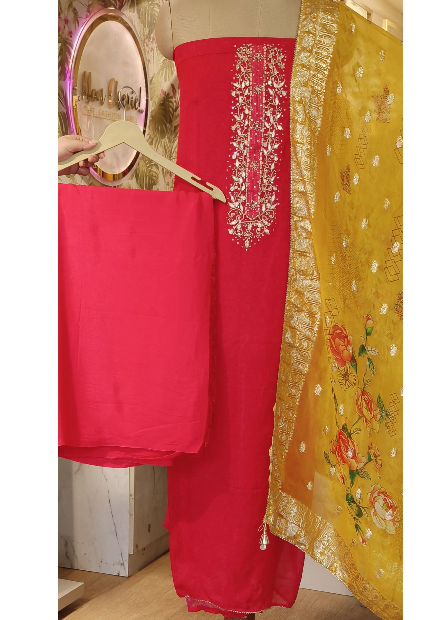 Organza Cutdana Work Unstitched Full Set With Floral Print Dupatta-0041