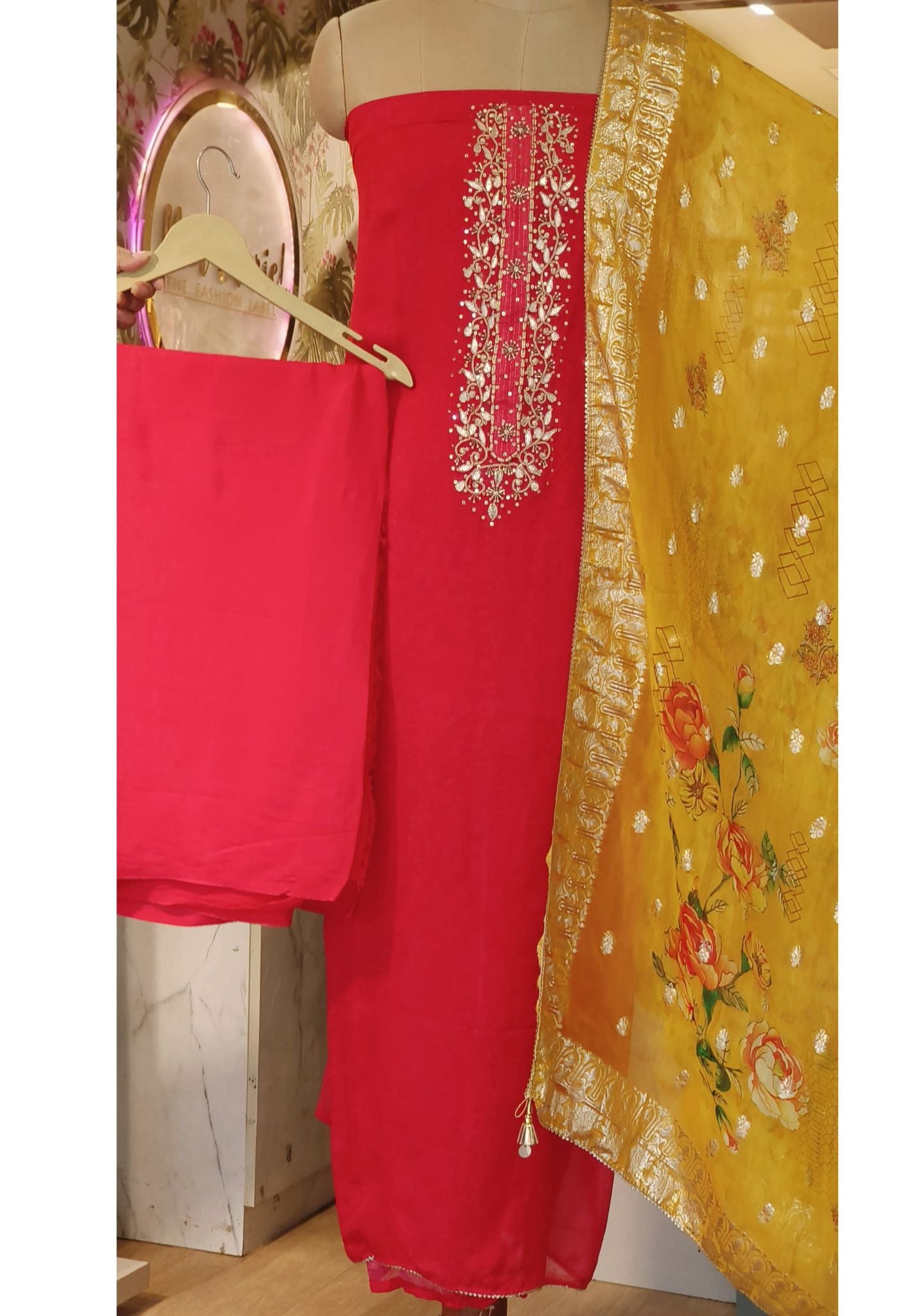Organza Cutdana Work Unstitched Full Set With Floral Print Dupatta-0041