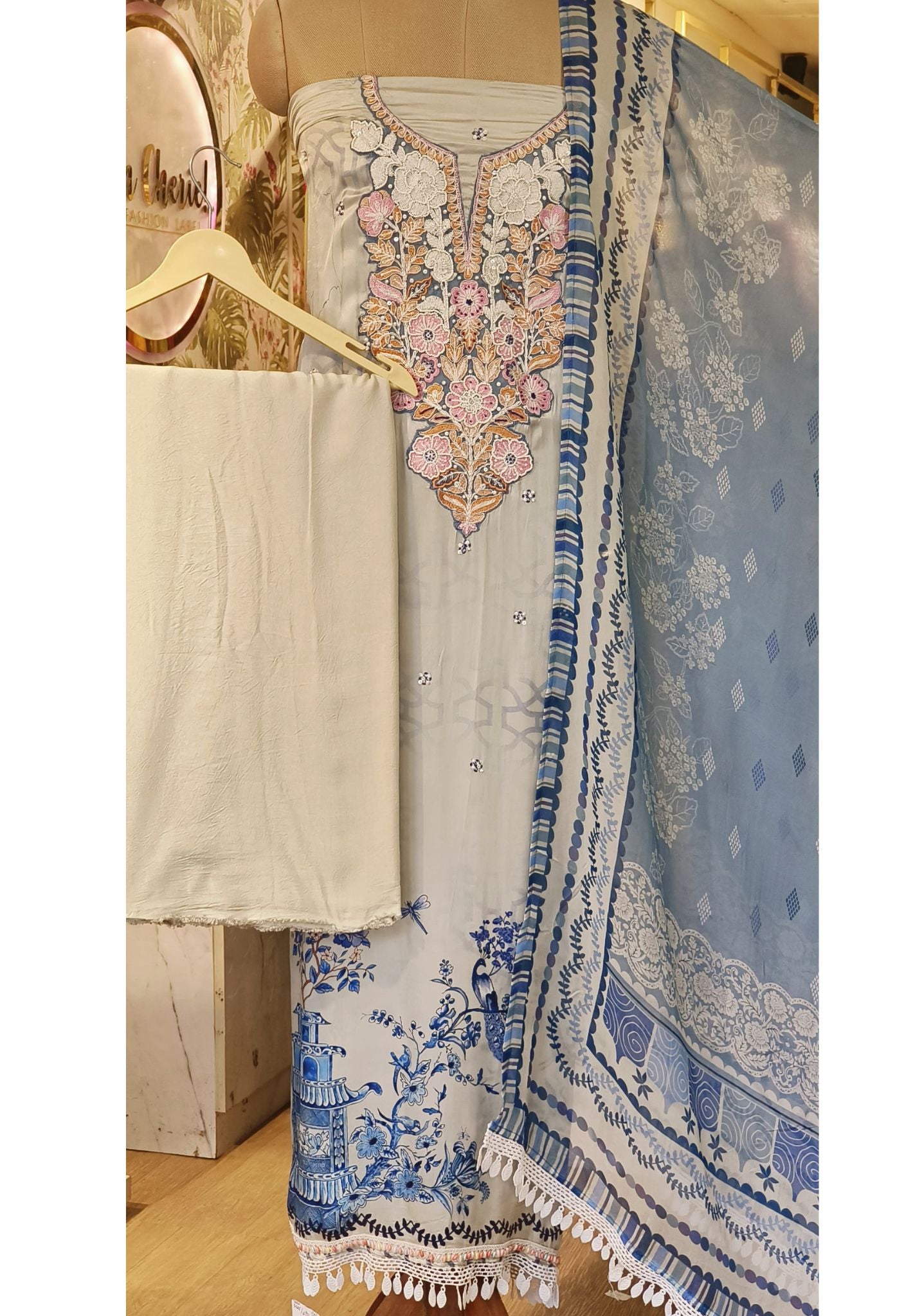 Beautiful Modal Silk Neck Embroidery Unstitched Full Set-06034