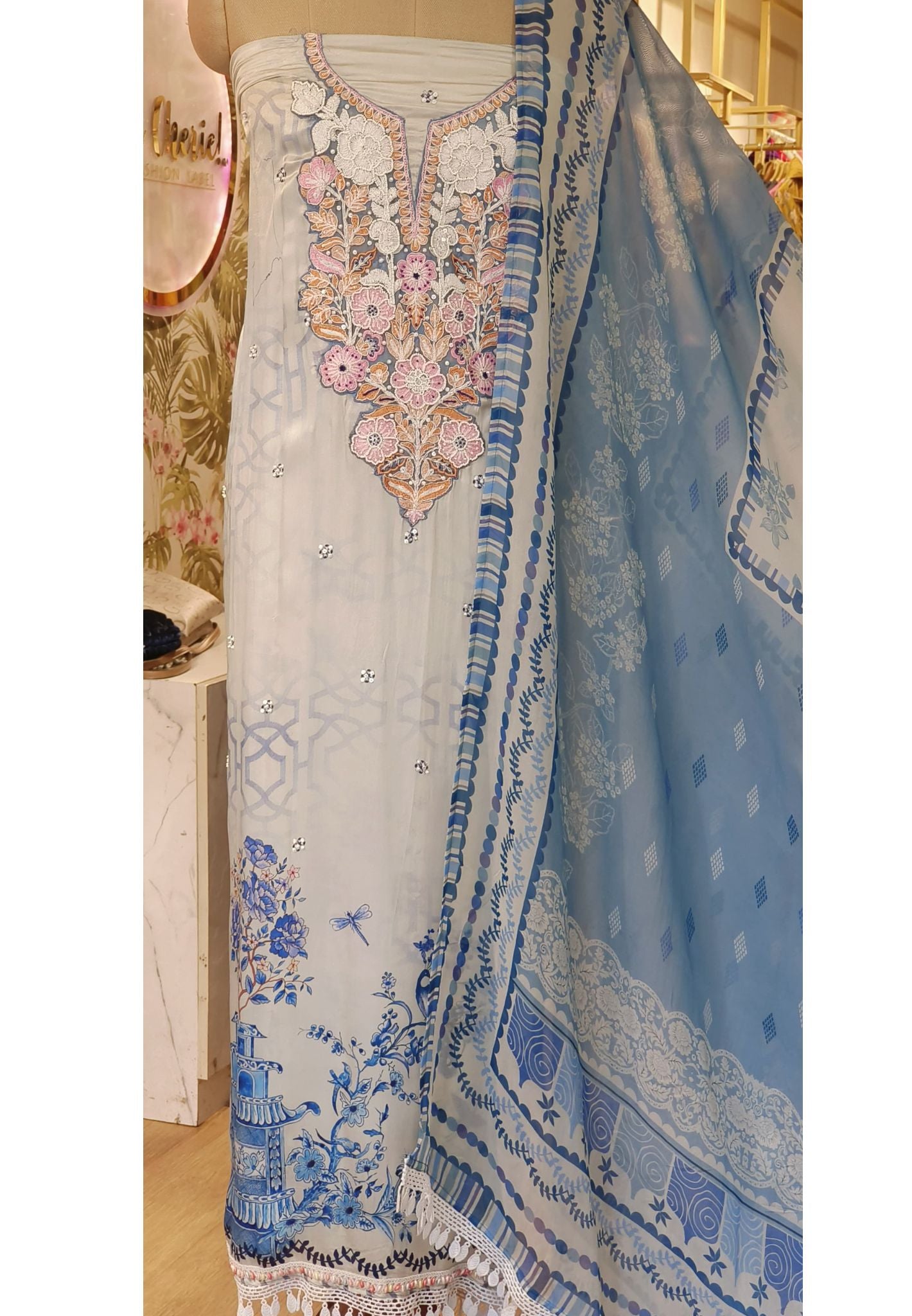 Beautiful Modal Silk Neck Embroidery Unstitched Full Set-06034