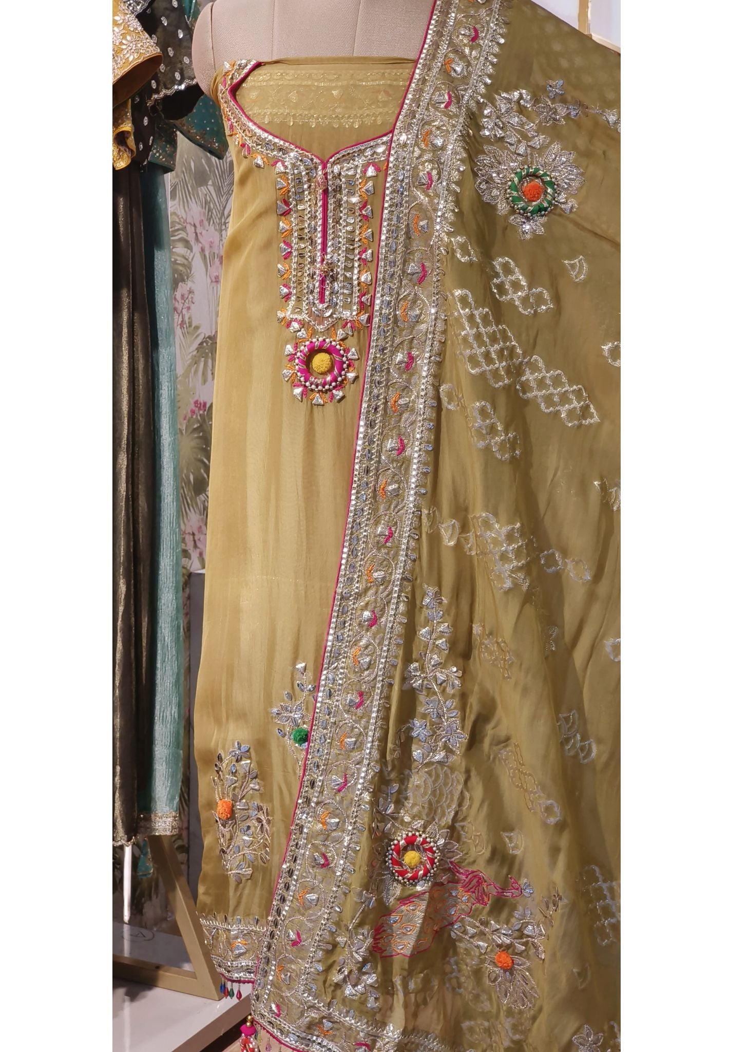 Organza Gota Patti Work Unstitched Full Set With Gota Patti And Zari Embroidery Dupatta-00069