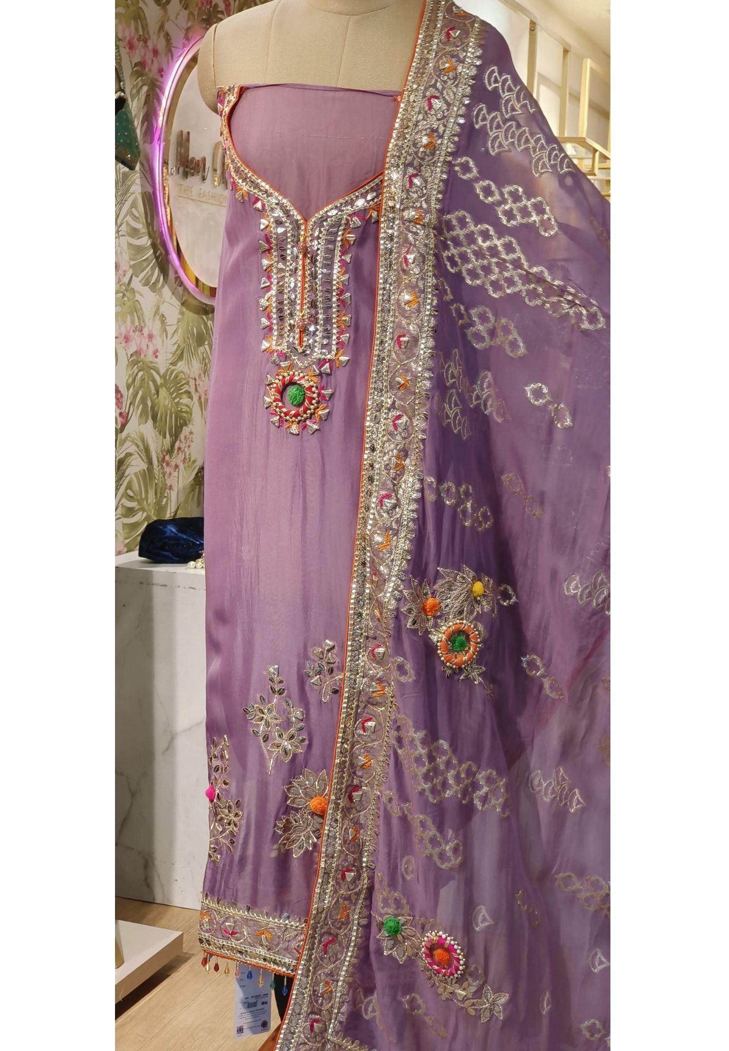 Organza Gota Patti Work Unstitched Full Set With Gota Patti And Zari Embroidery Dupatta-00069
