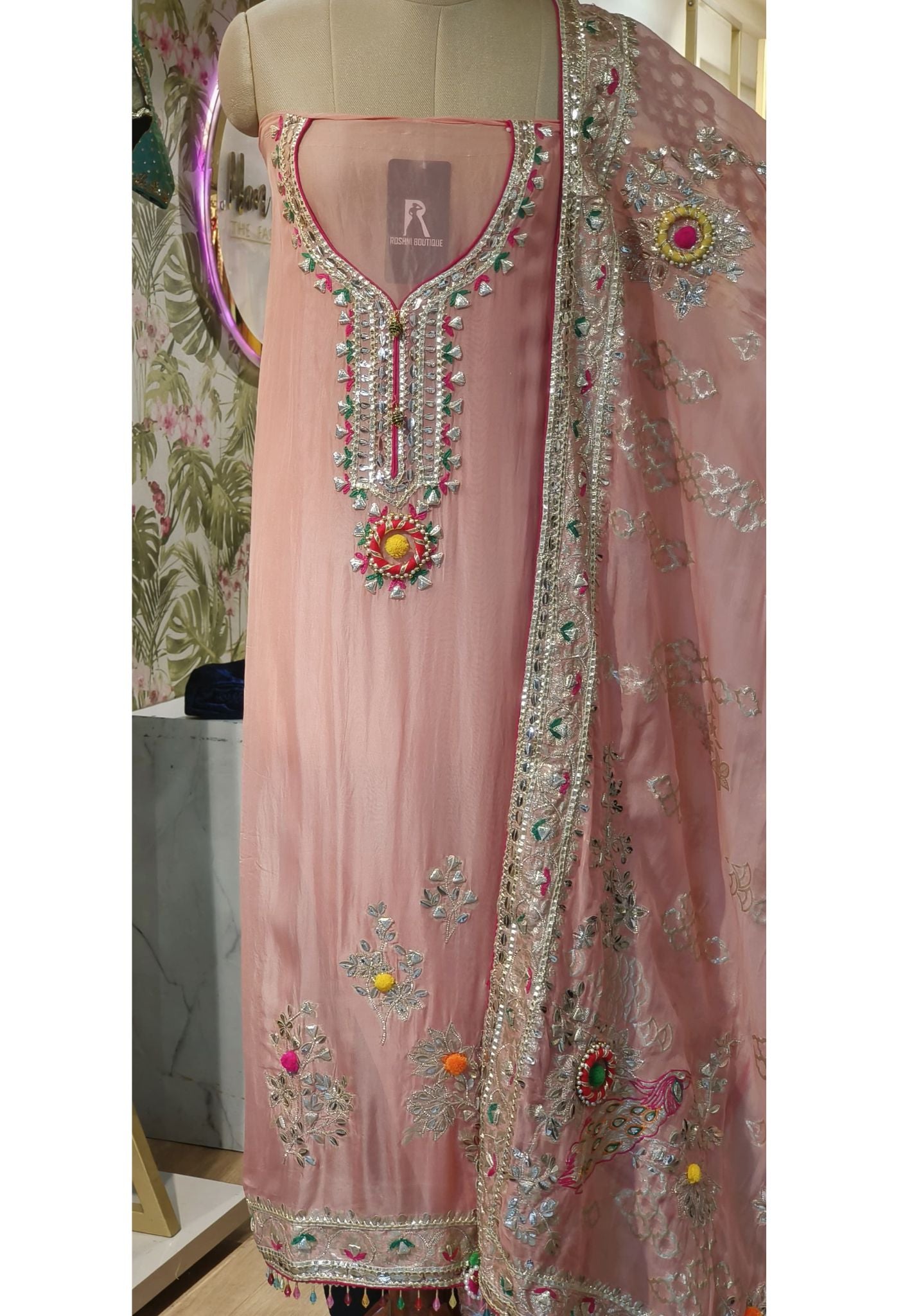 Organza Gota Patti Work Unstitched Full Set With Gota Patti And Zari Embroidery Dupatta-00069
