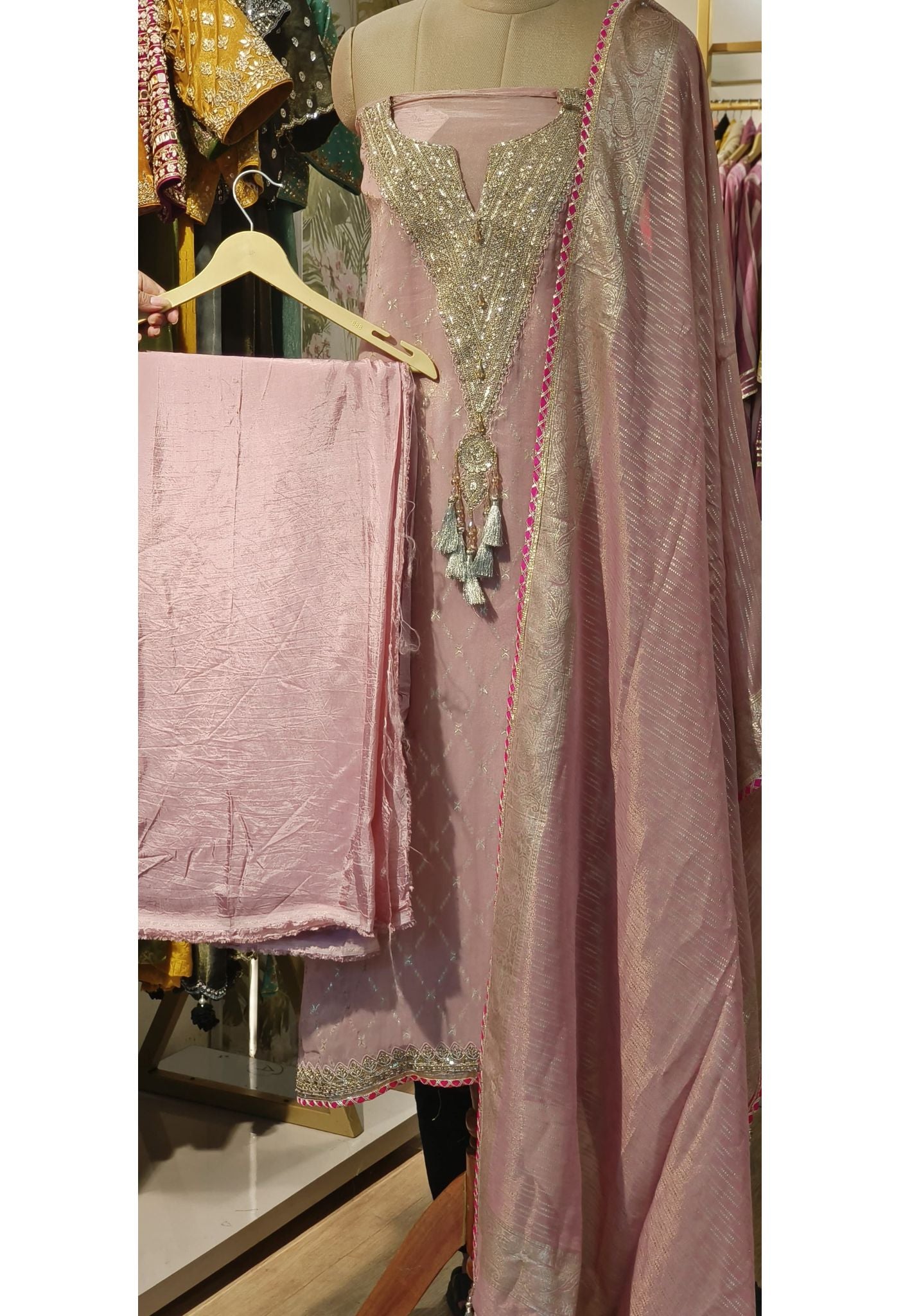 Tissue Silk Neck Zardosi Work Unstitched Full Set-00071