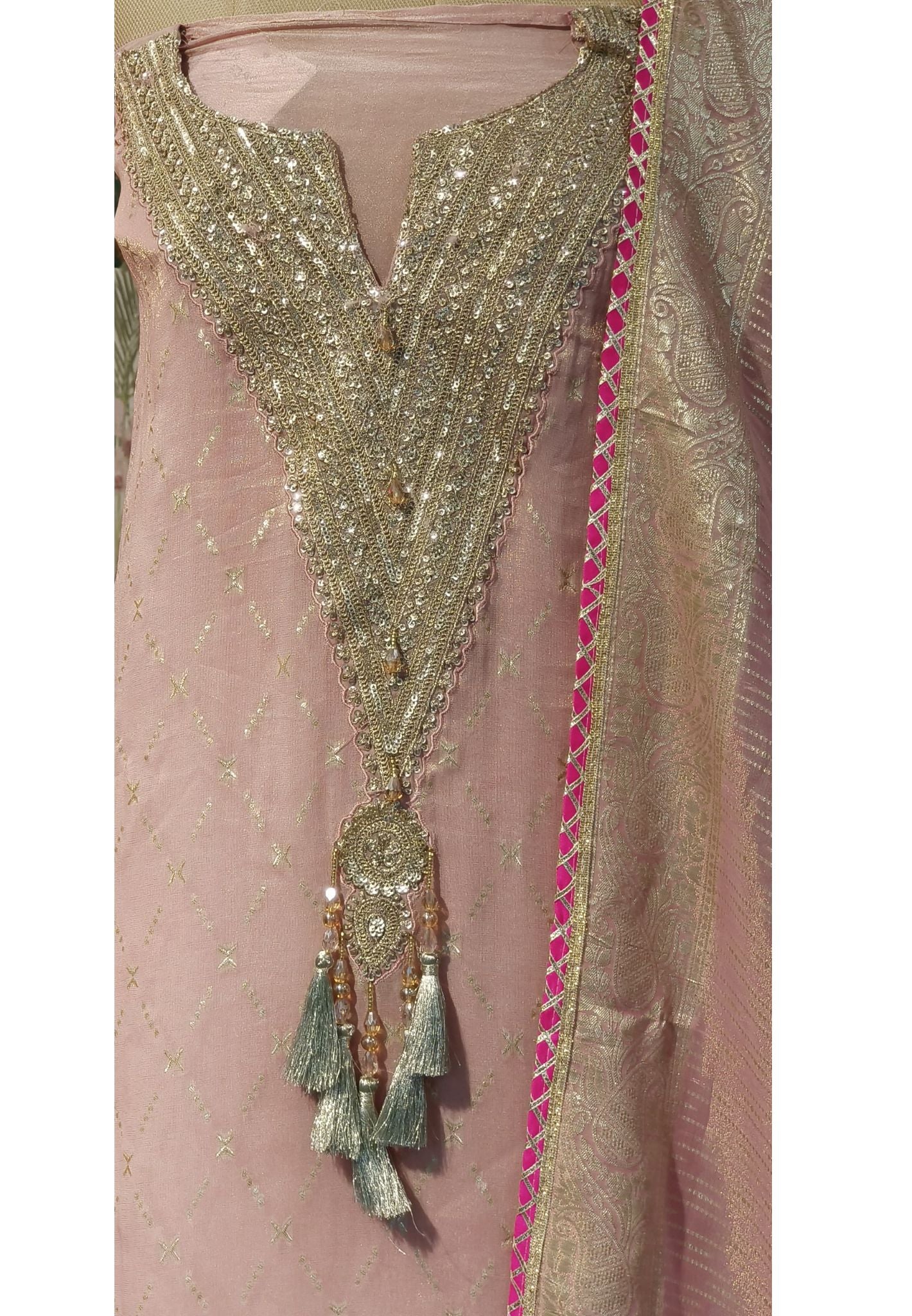 Tissue Silk Neck Zardosi Work Unstitched Full Set-00071