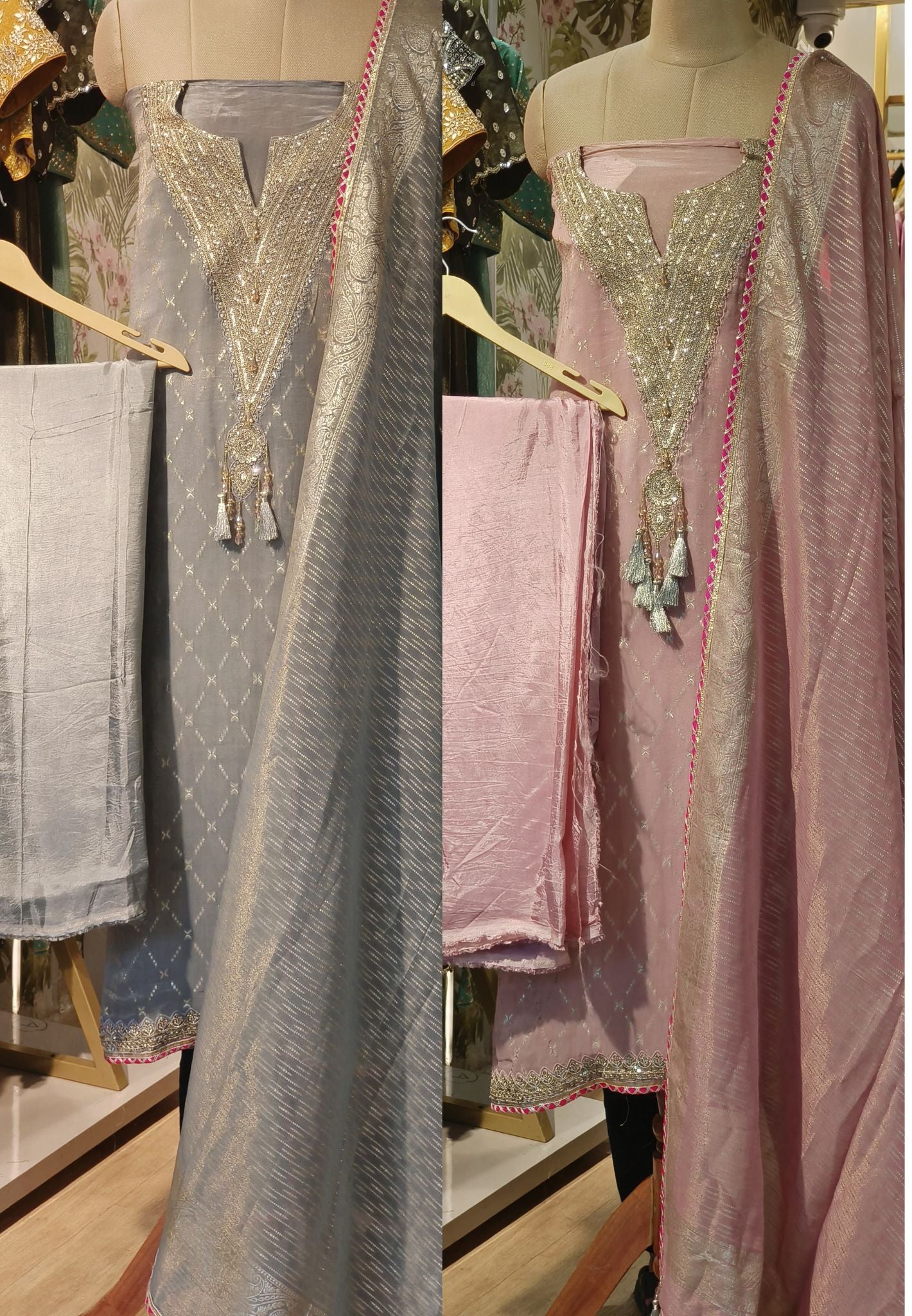 Tissue Silk Neck Zardosi Work Unstitched Full Set-00071