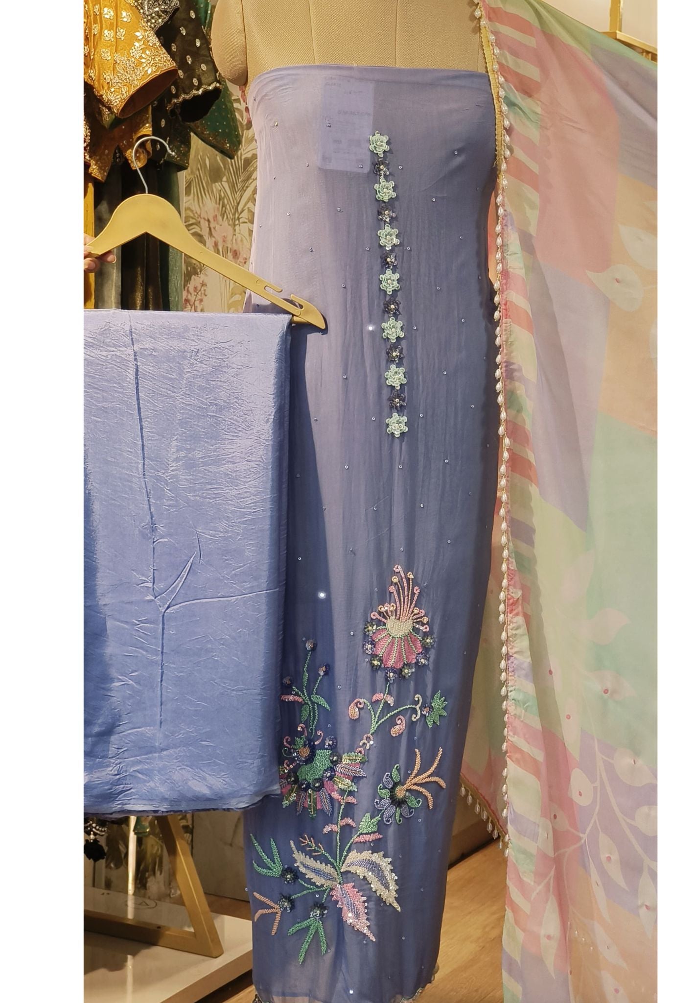 Organza  Sequence Embroidery Unstitched Full Set With Floral Print Dupatta-00105