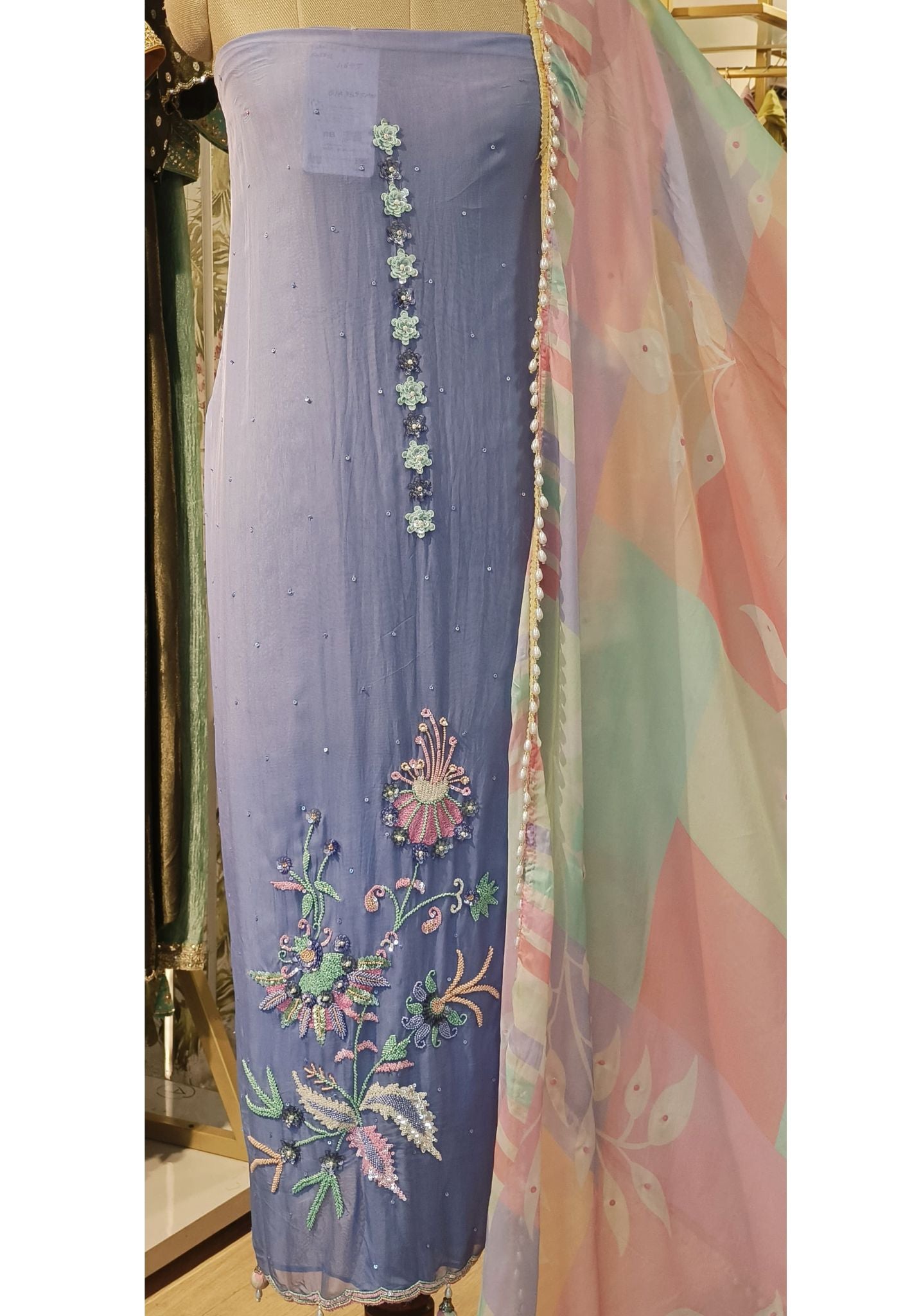 Organza  Sequence Embroidery Unstitched Full Set With Floral Print Dupatta-00105