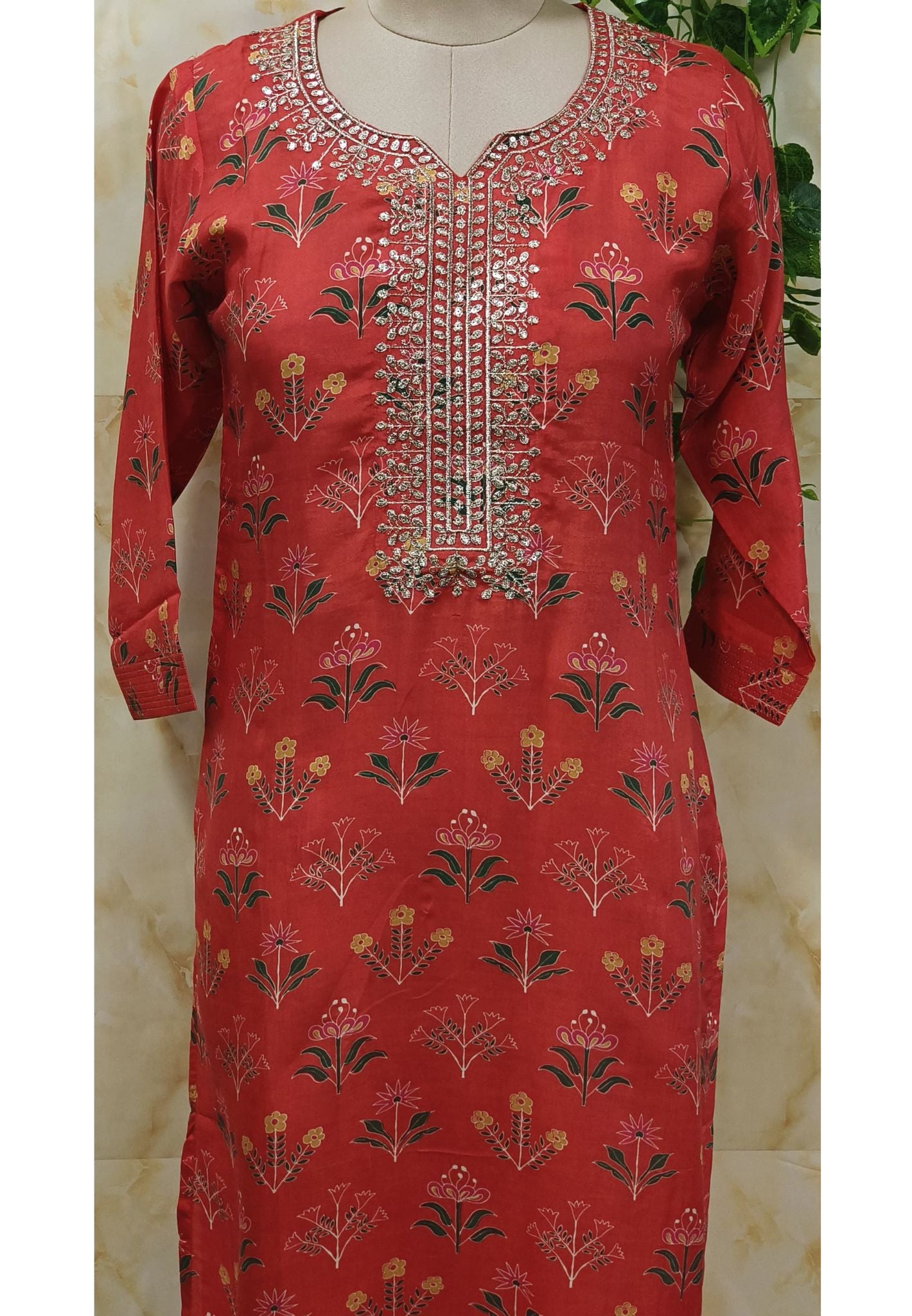 Floral Printed muslin Zari  embroiderd only kurti-07726