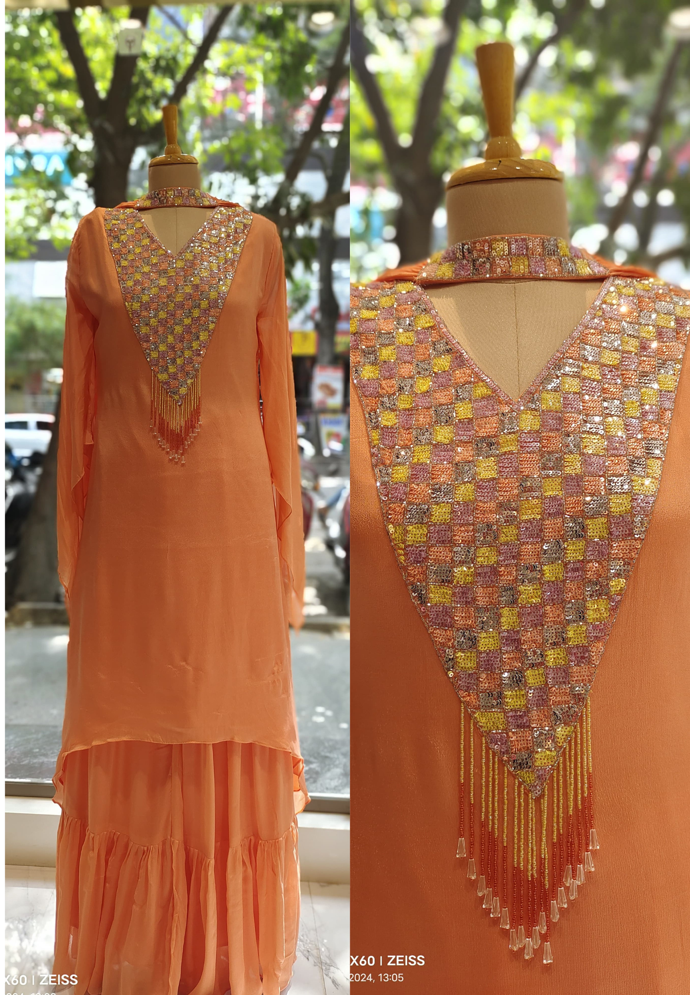 Peach Elegance Sequined Kaftan Sharara Set with Bell Sleeves - Designer Party Wear Collection Party Wear -07445  DRYWASH
