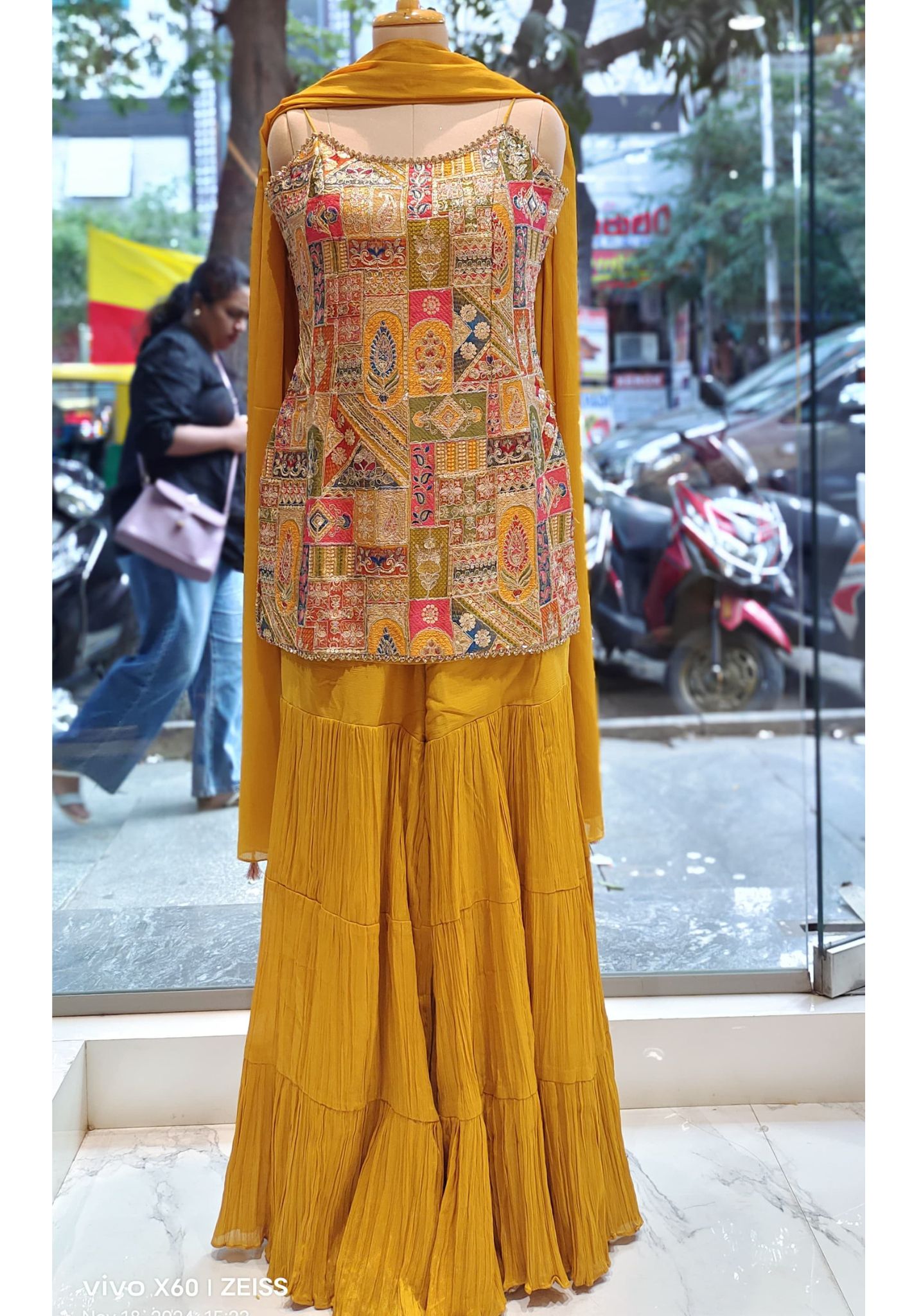 Thread Embroidered Beautiful Strap Kurta with Georgette Sharara and Dupatta