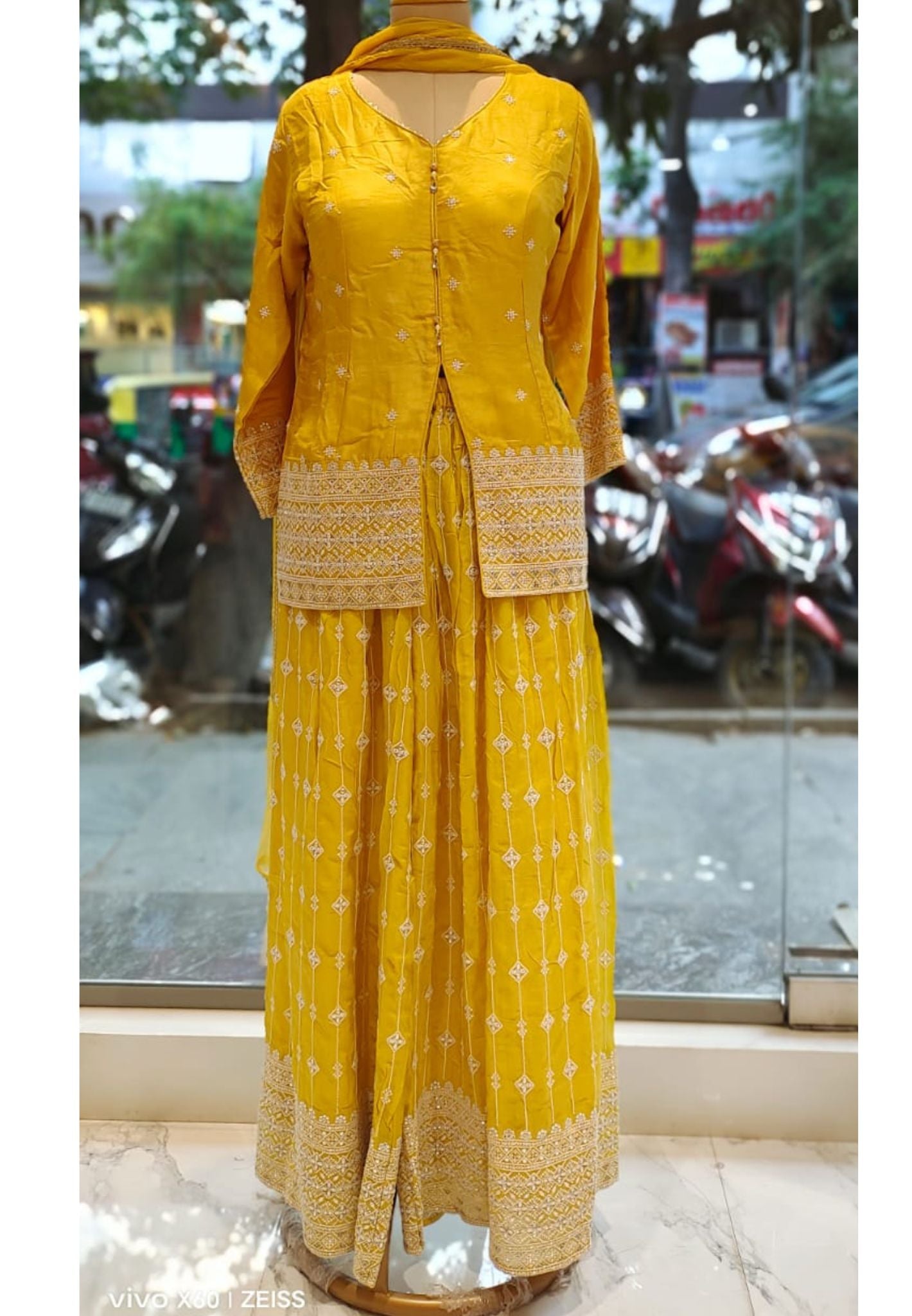 Front Slit Party wear Chinon Padded Top with Embroidered Palazzo and Dupatta
