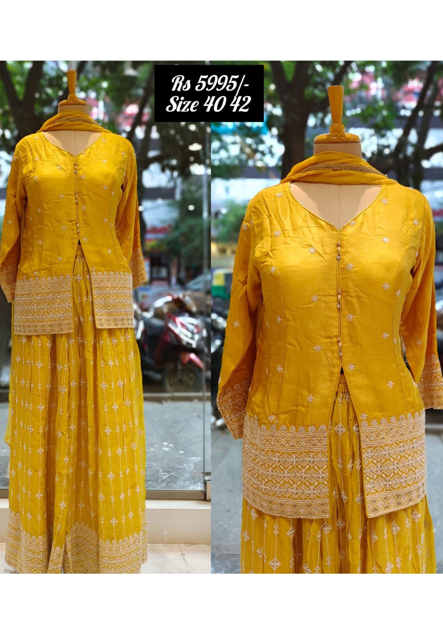 Front Slit Party wear Chinon Padded Top with Embroidered Palazzo and Dupatta