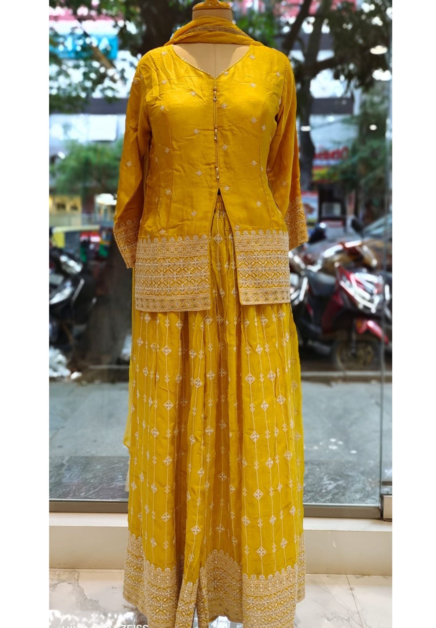 Front Slit Party wear Chinon Padded Top with Embroidered Palazzo and Dupatta