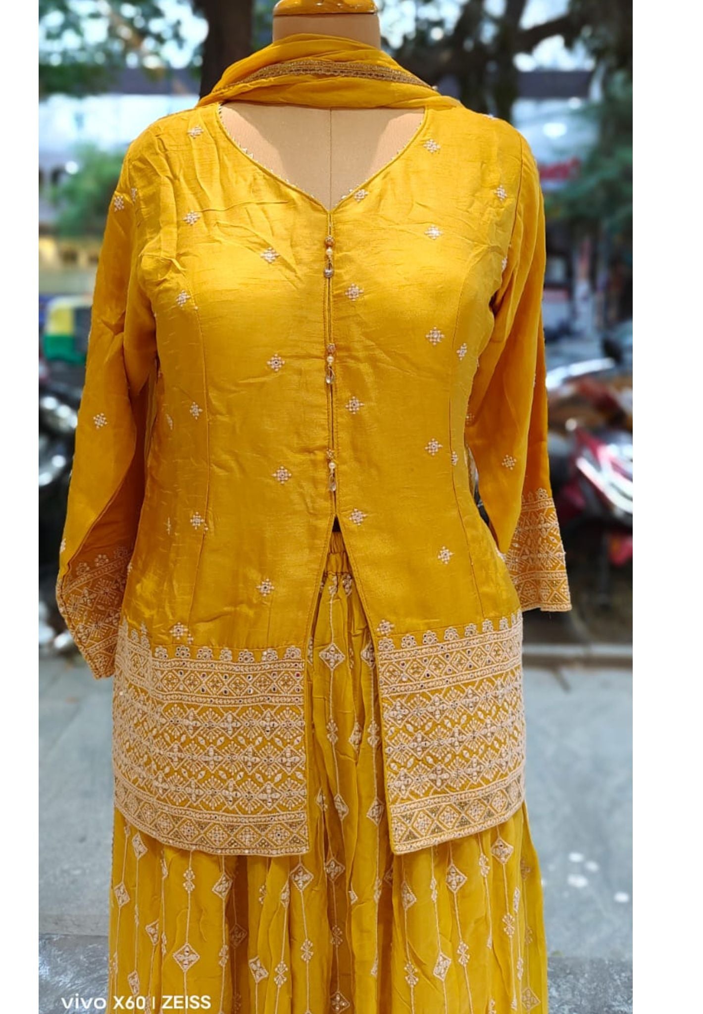 Front Slit Party wear Chinon Padded Top with Embroidered Palazzo and Dupatta