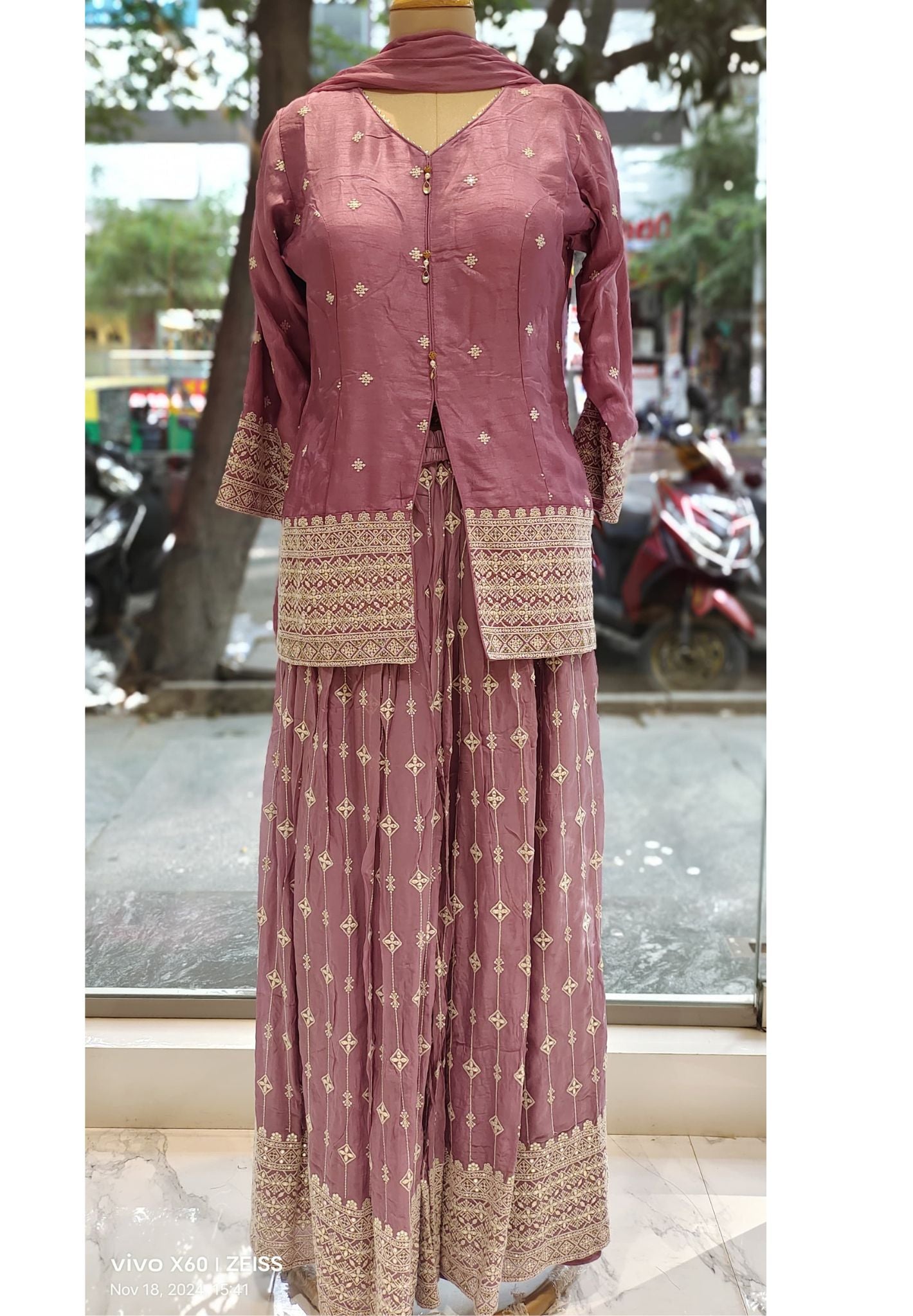 Front Slit Party wear Chinon Padded Top with Embroidered Palazzo and Dupatta