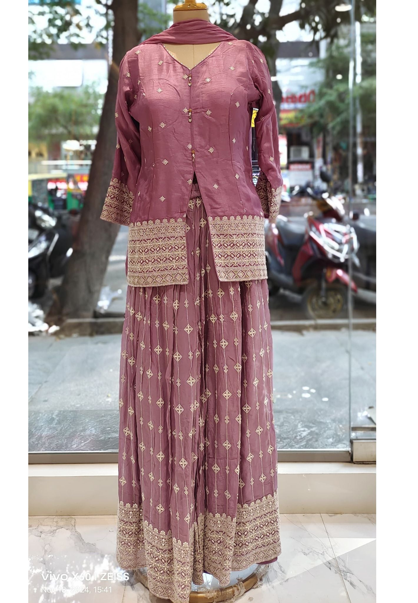 Front Slit Party wear Chinon Padded Top with Embroidered Palazzo and Dupatta