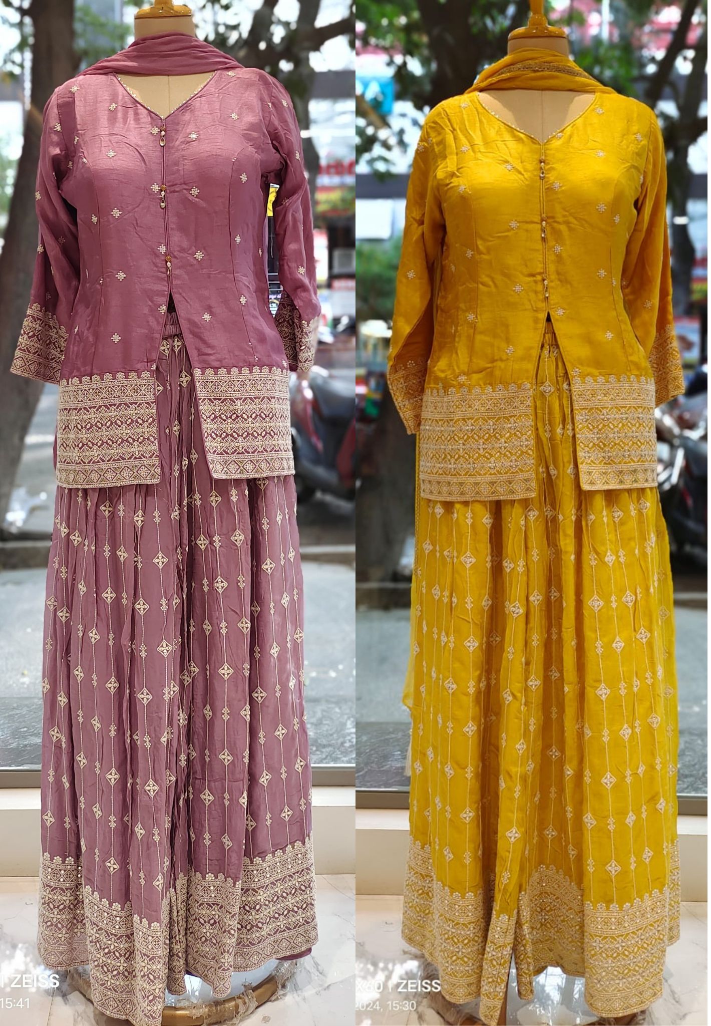 Front Slit Party wear Chinon Padded Top with Embroidered Palazzo and Dupatta
