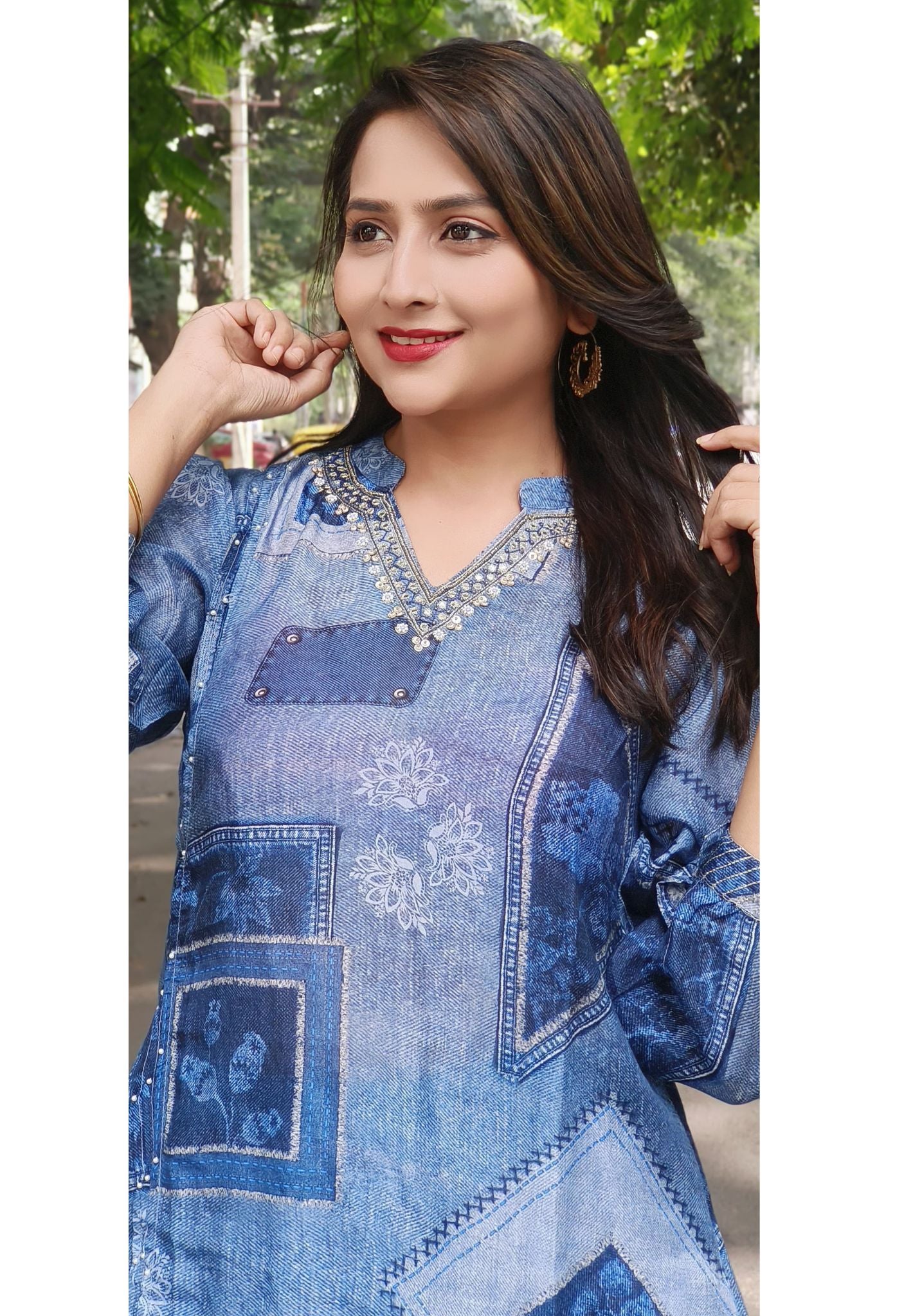 Denim Look Print Muslin Cord set  with V-Neck Embroidery-07683-07688
