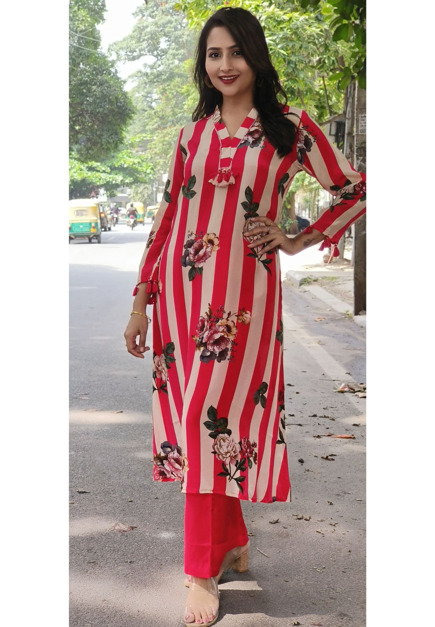 Pure Crape Red Stripe Floral Print Kurta with Pant-07695