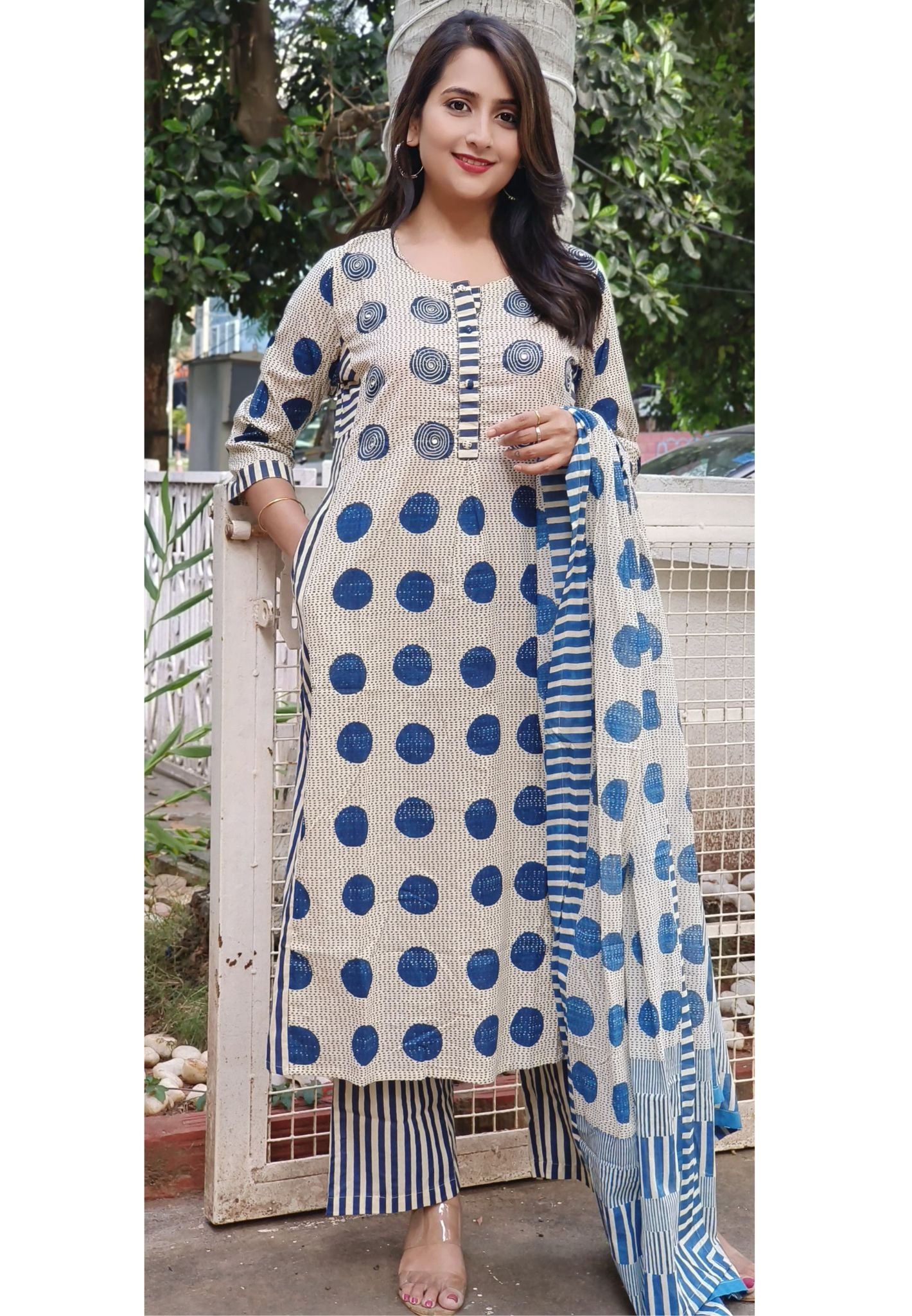 Pure Cotton Polka Dot Aline Full Set  Kurta With Pockets-07687