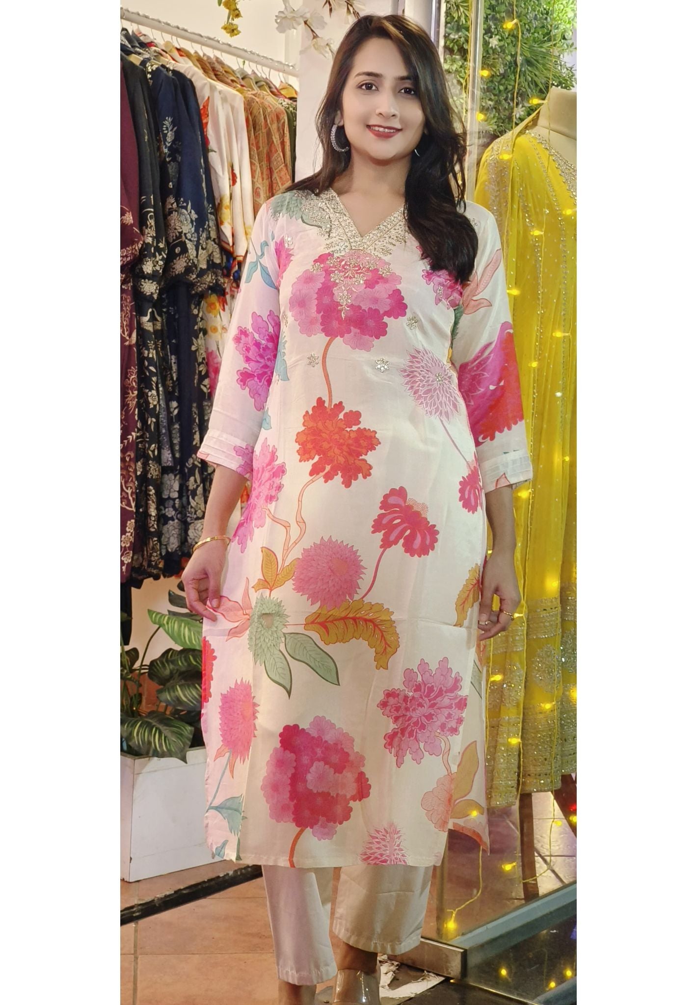 Floral Printed Muslin  V neck only kurti -07731