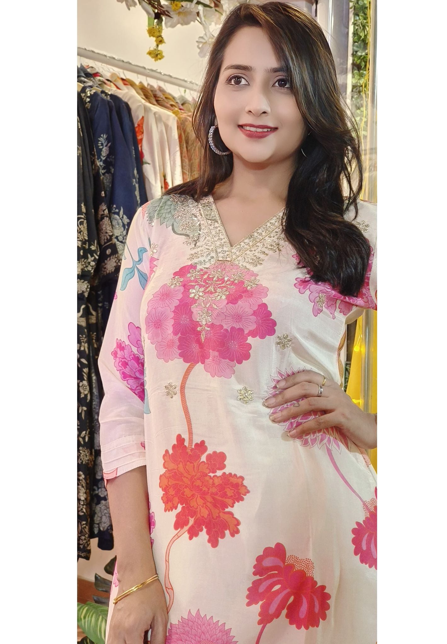 Floral Printed Muslin  V neck only kurti -07731