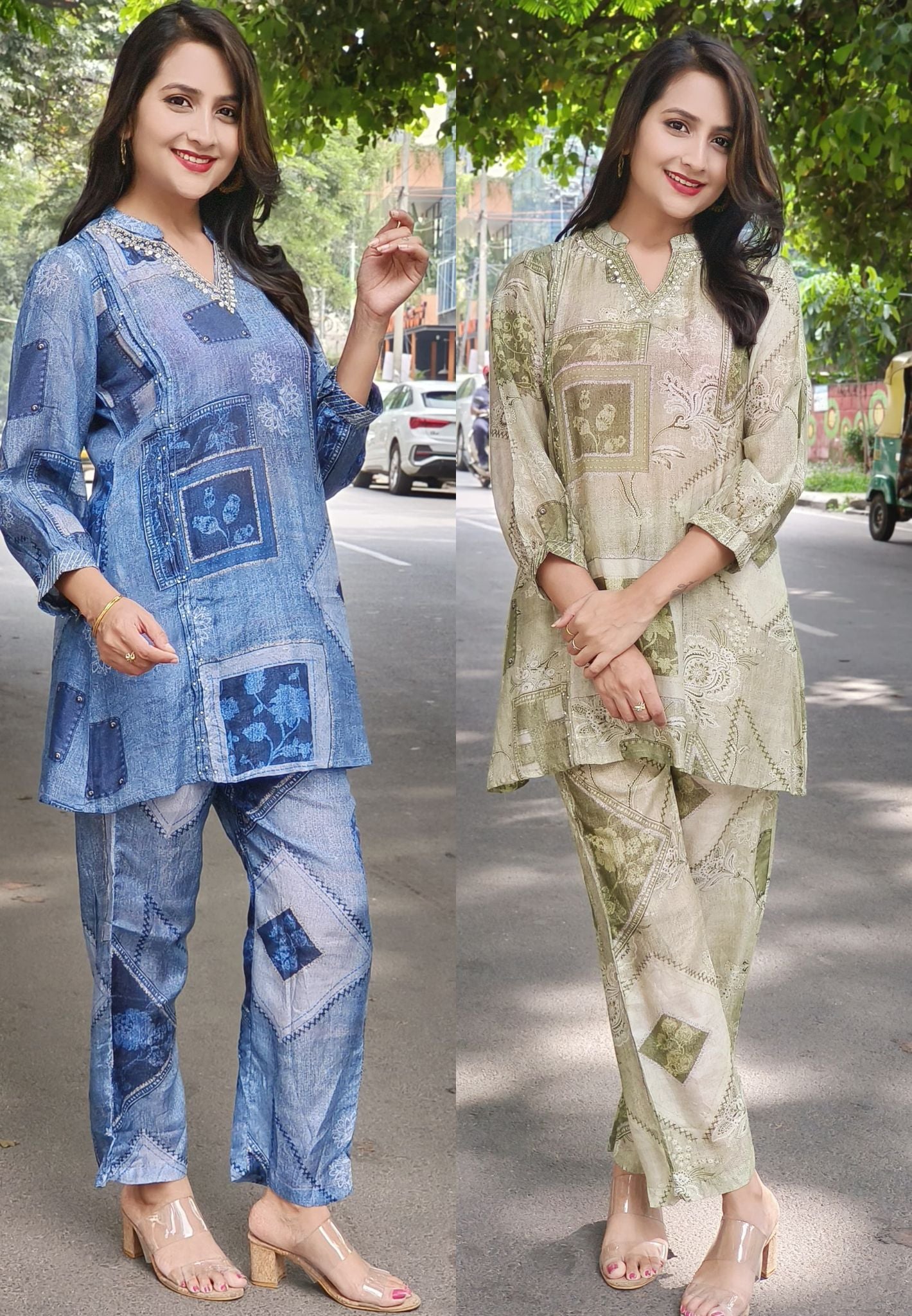 Denim Look Print Muslin Cord set  with V-Neck Embroidery-07683-07688