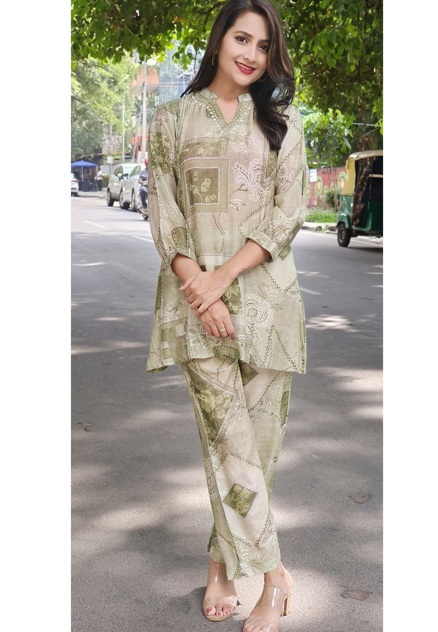 Denim Look Print Muslin Cord set  with V-Neck Embroidery-07683-07688
