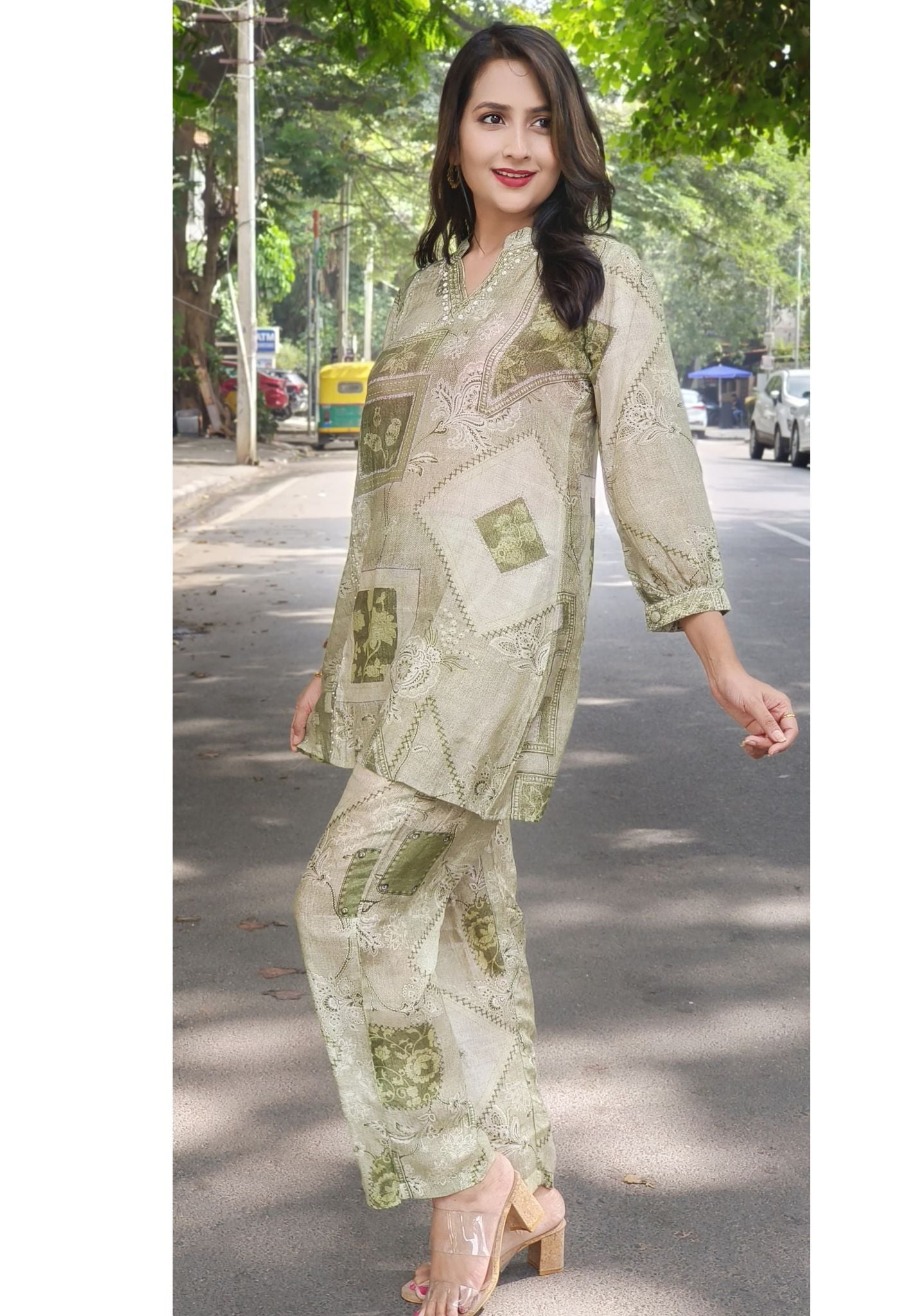 Denim Look Print Muslin Cord set  with V-Neck Embroidery-07683-07688