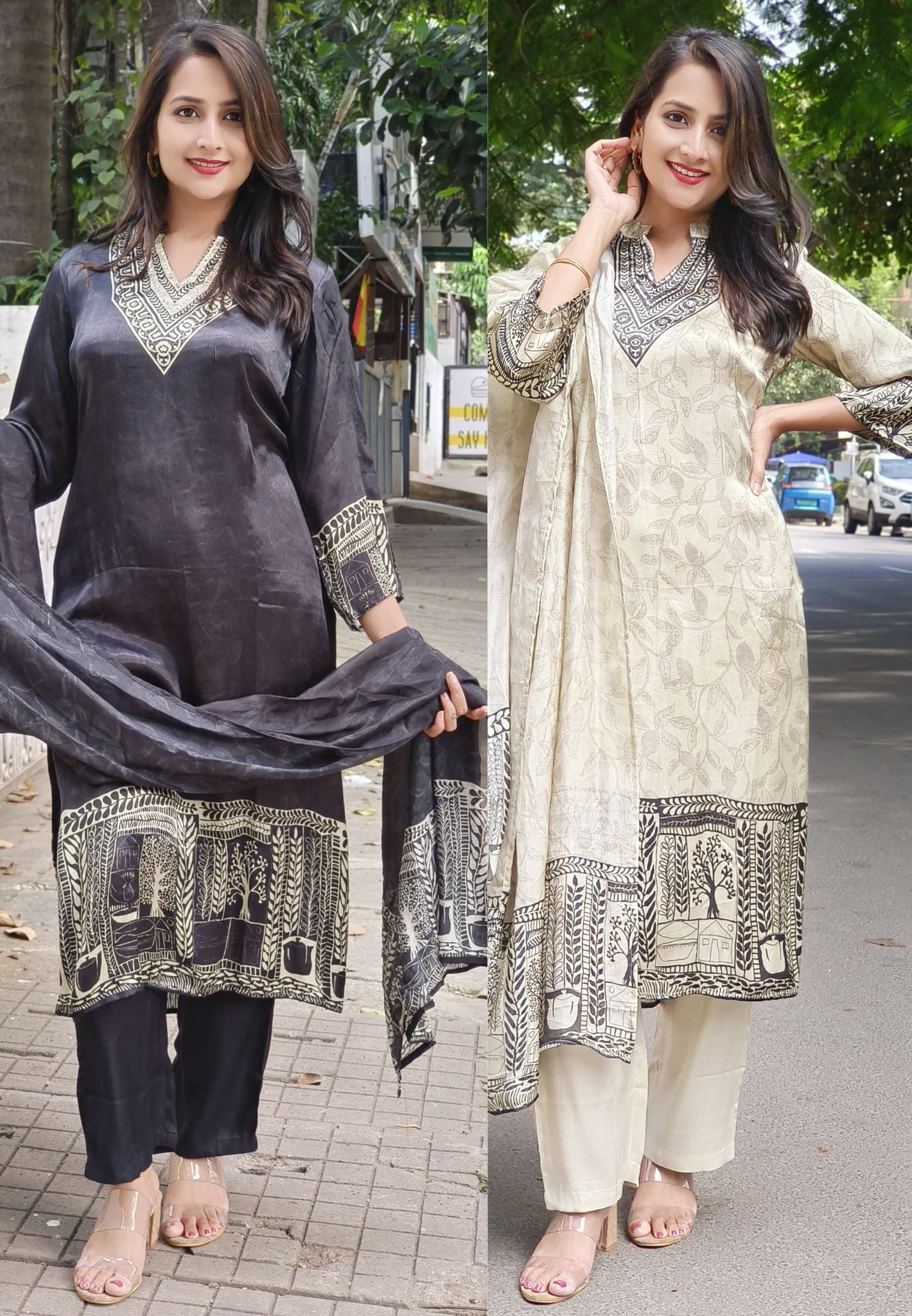 Digital Print Gajji Silk Madeiran Collar  Floral Printed Full set-07684-85
