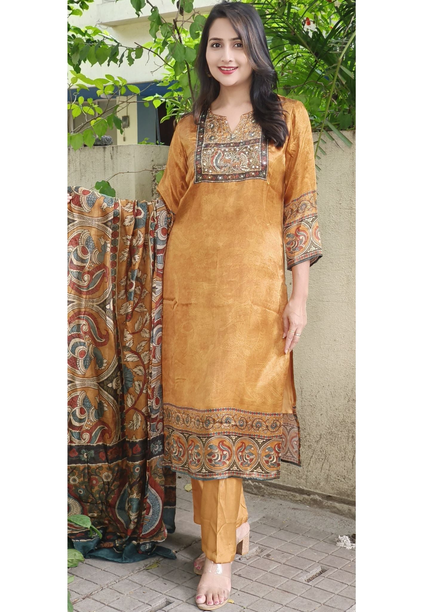 Printed Gajji Silk Neck Embroidery Kurta And Pant With Kalamkari Printed Dupatta-07690