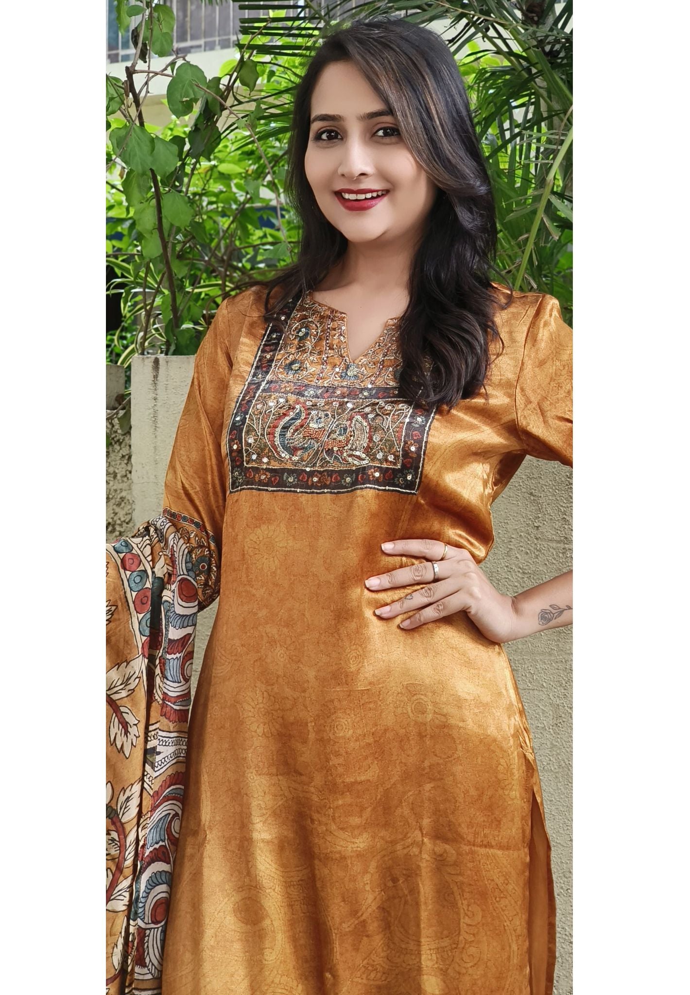 Printed Gajji Silk Neck Embroidery Kurta And Pant With Kalamkari Printed Dupatta-07690