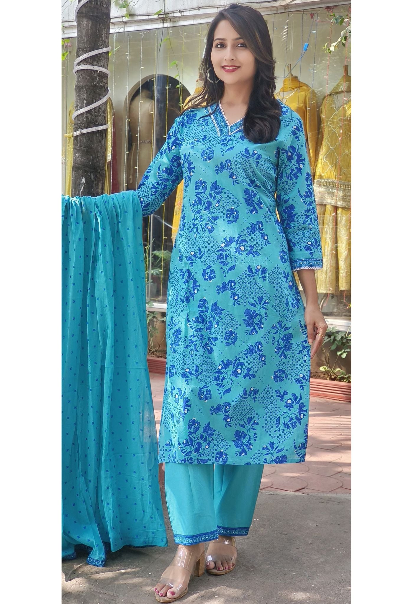 Pure Cotton Blue Floral Printed Cotton Full Set with bottom and  cotton Dupatta-07709