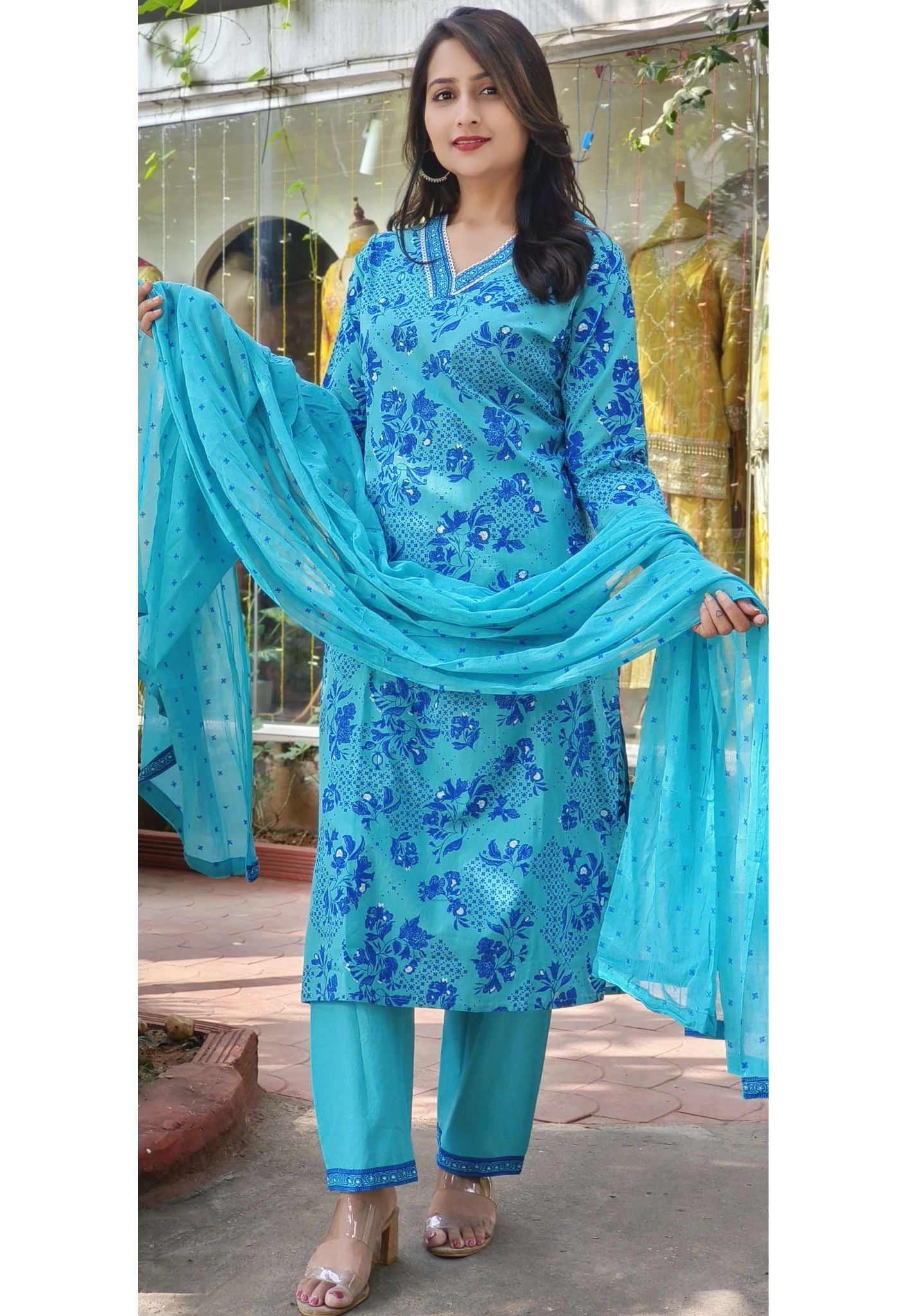 Pure Cotton Blue Floral Printed Cotton Full Set with bottom and  cotton Dupatta-07709