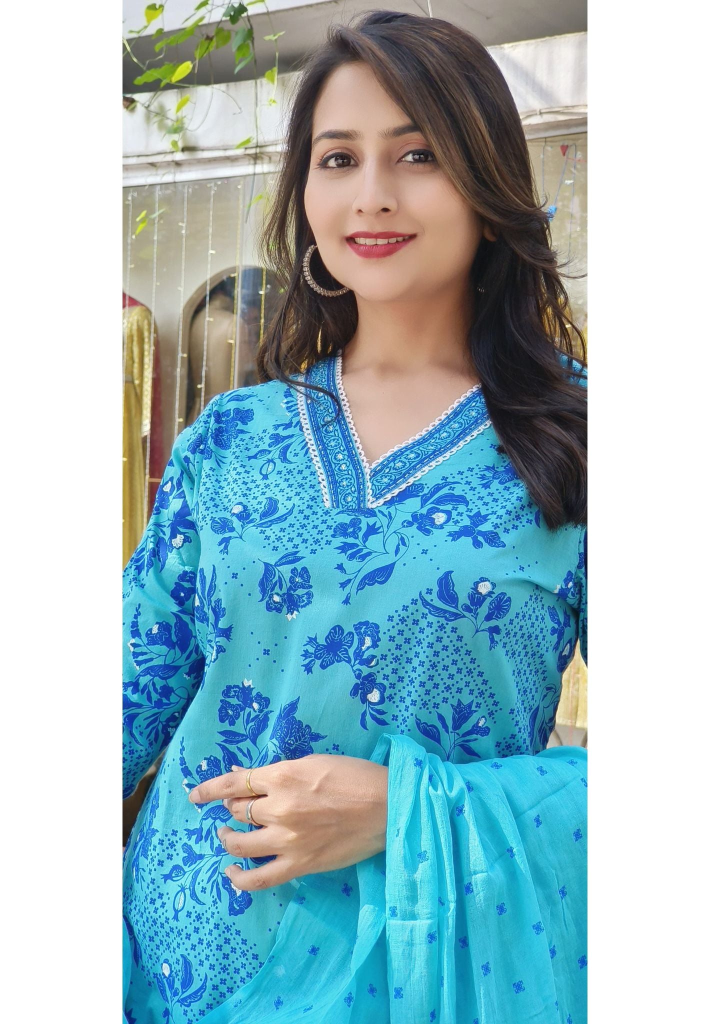 Pure Cotton Blue Floral Printed Cotton Full Set with bottom and  cotton Dupatta-07709
