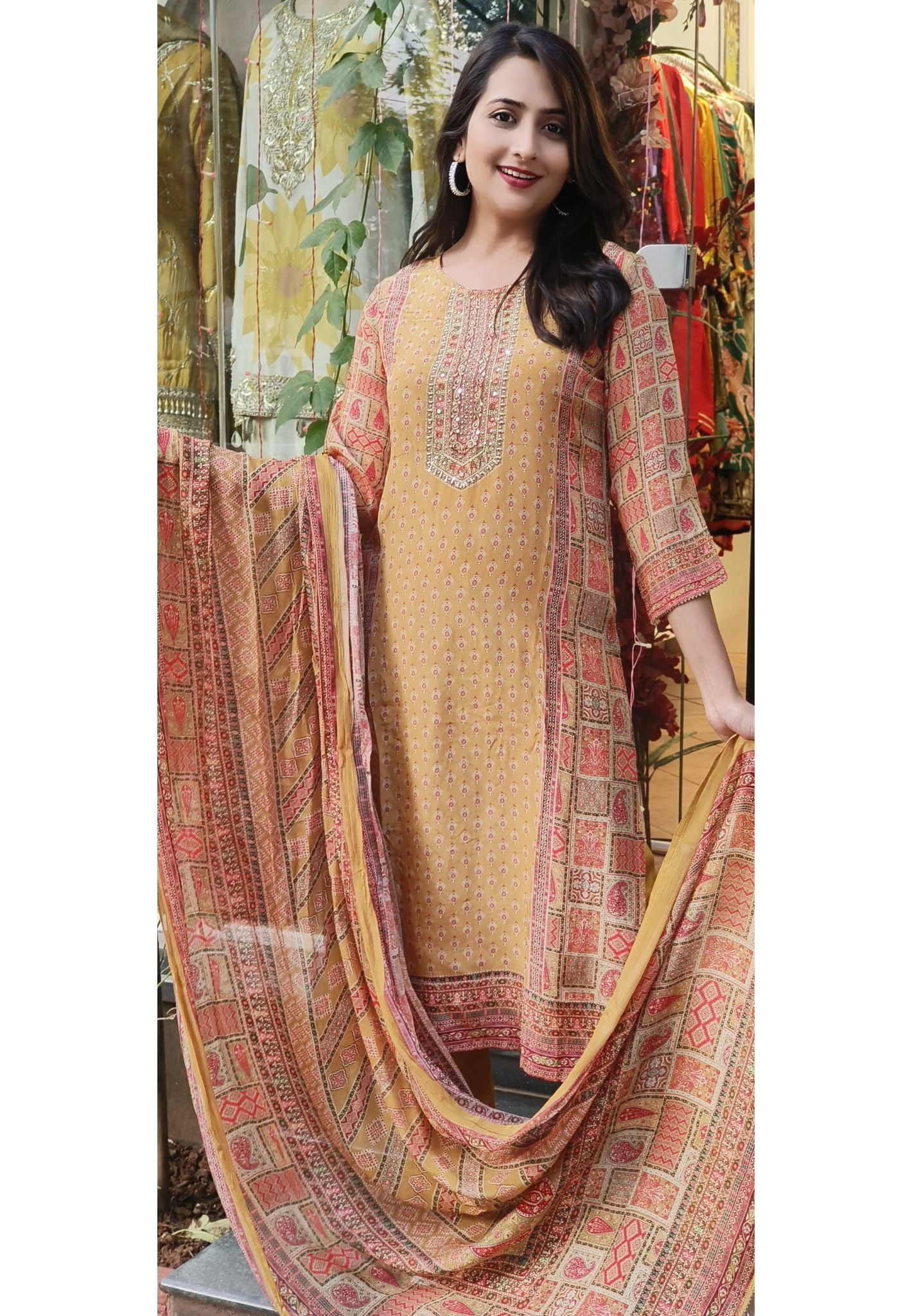 Beautiful Floral Printed Crepe Kurta with light cut dana embroidery,  pant and chinnon dupatta-
