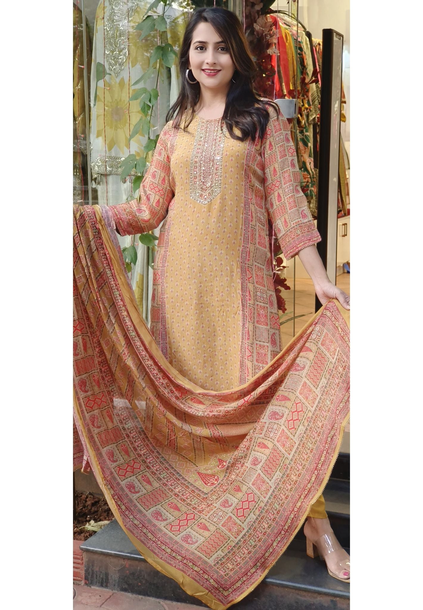 Beautiful Floral Printed Crepe Kurta with light cut dana embroidery,  pant and chinnon dupatta-