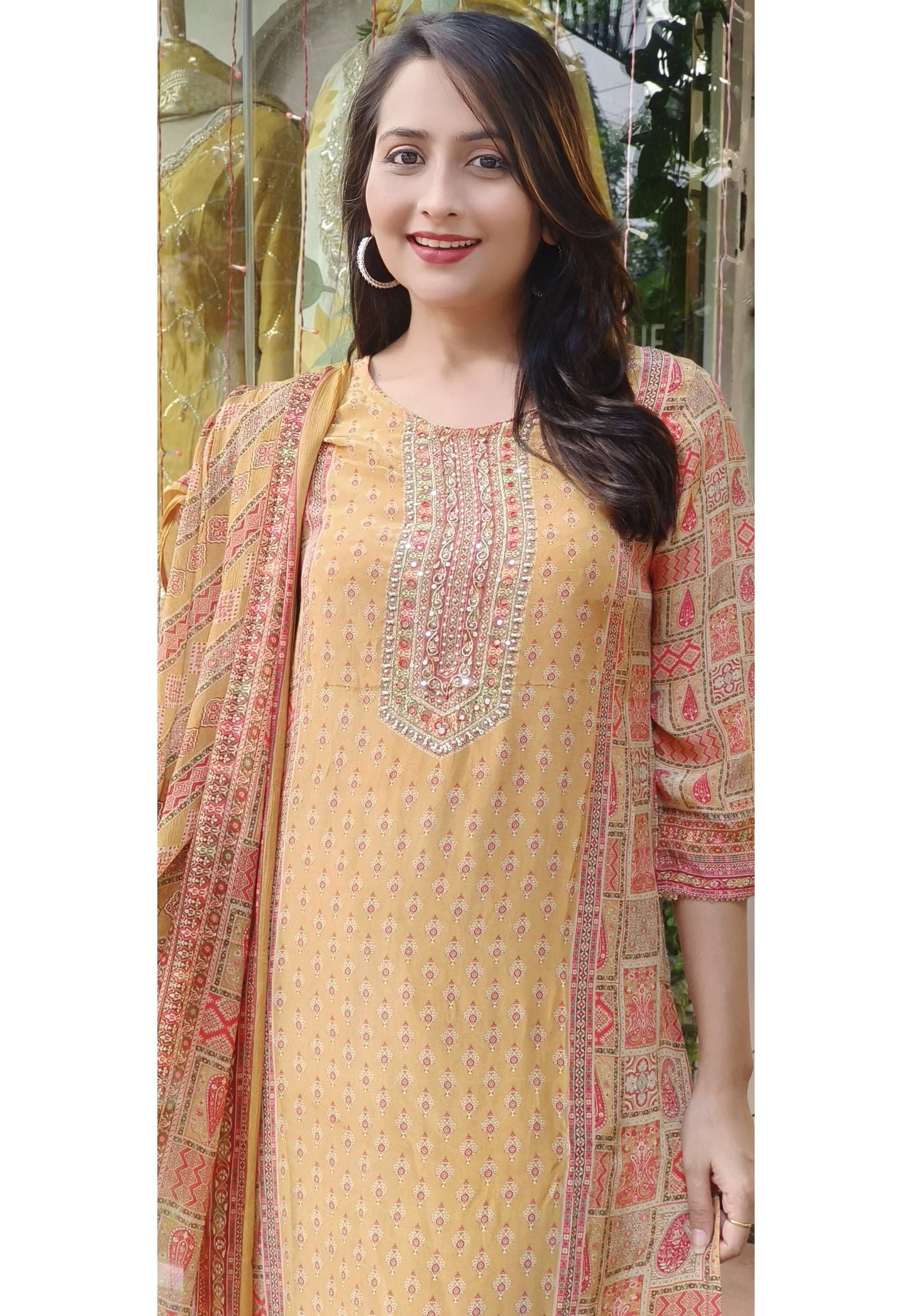 Beautiful Floral Printed Crepe Kurta with light cut dana embroidery,  pant and chinnon dupatta-