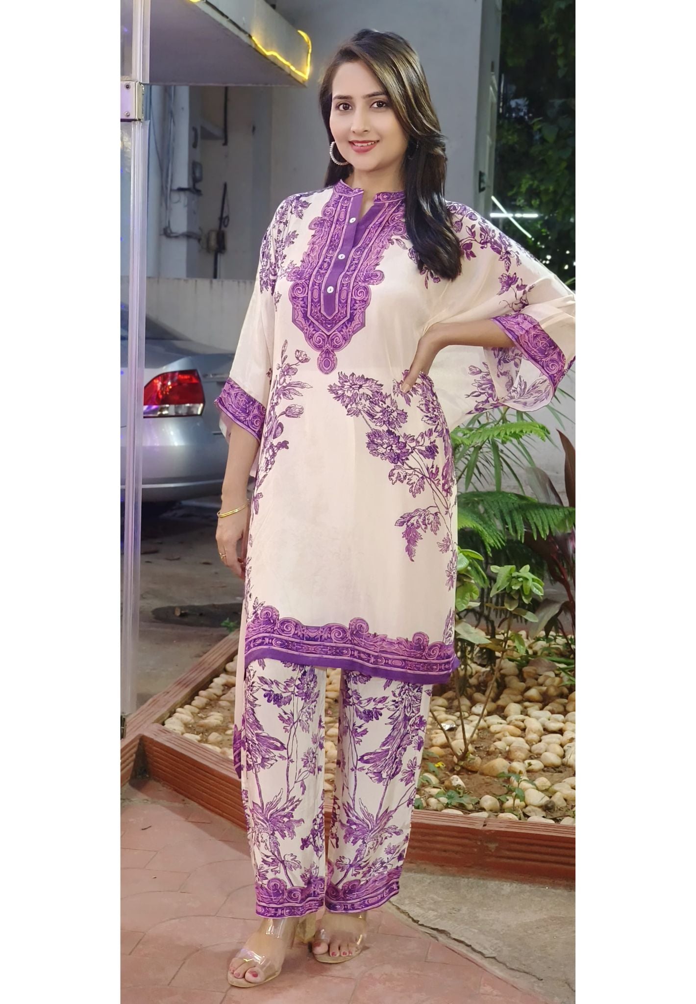 Beautiful  Crape Floral Printed Kaftan with Side Stich and Printed Bottoms-07739-40