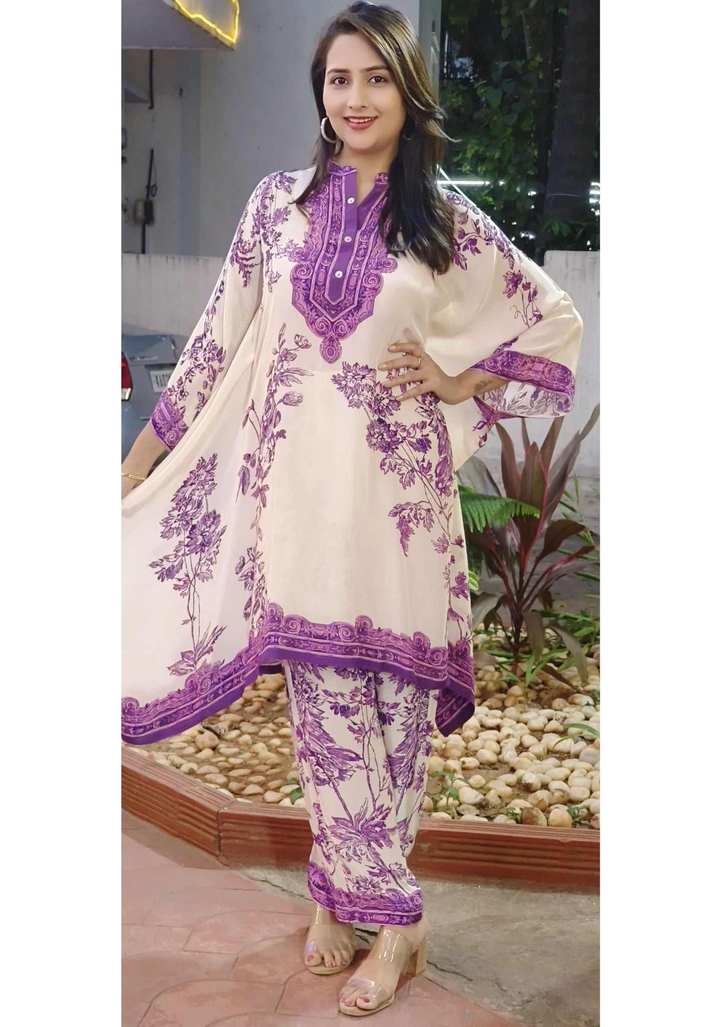 Beautiful  Crape Floral Printed Kaftan with Side Stich and Printed Bottoms-07739-40