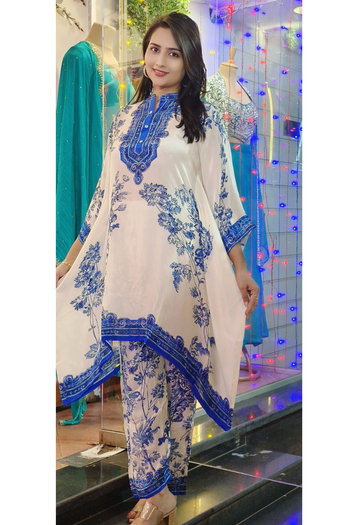 Beautiful  Crape Floral Printed Kaftan with Side Stich and Printed Bottoms-07739-40