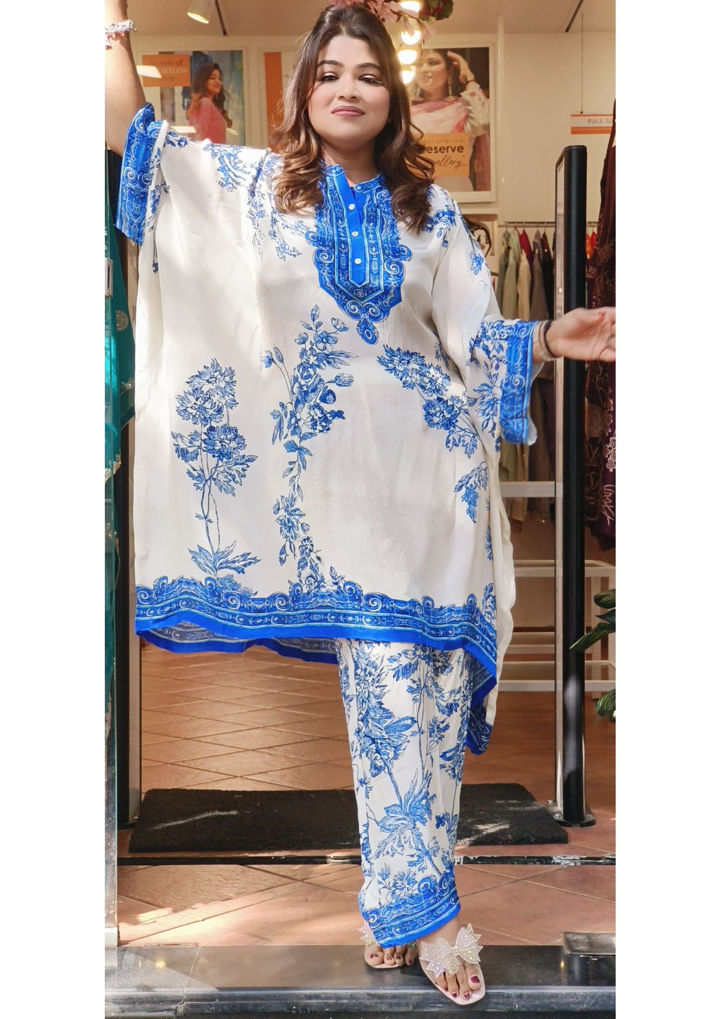 Beautiful  Crape Floral Printed Kaftan with Side Stich and Printed Bottoms-07739-40