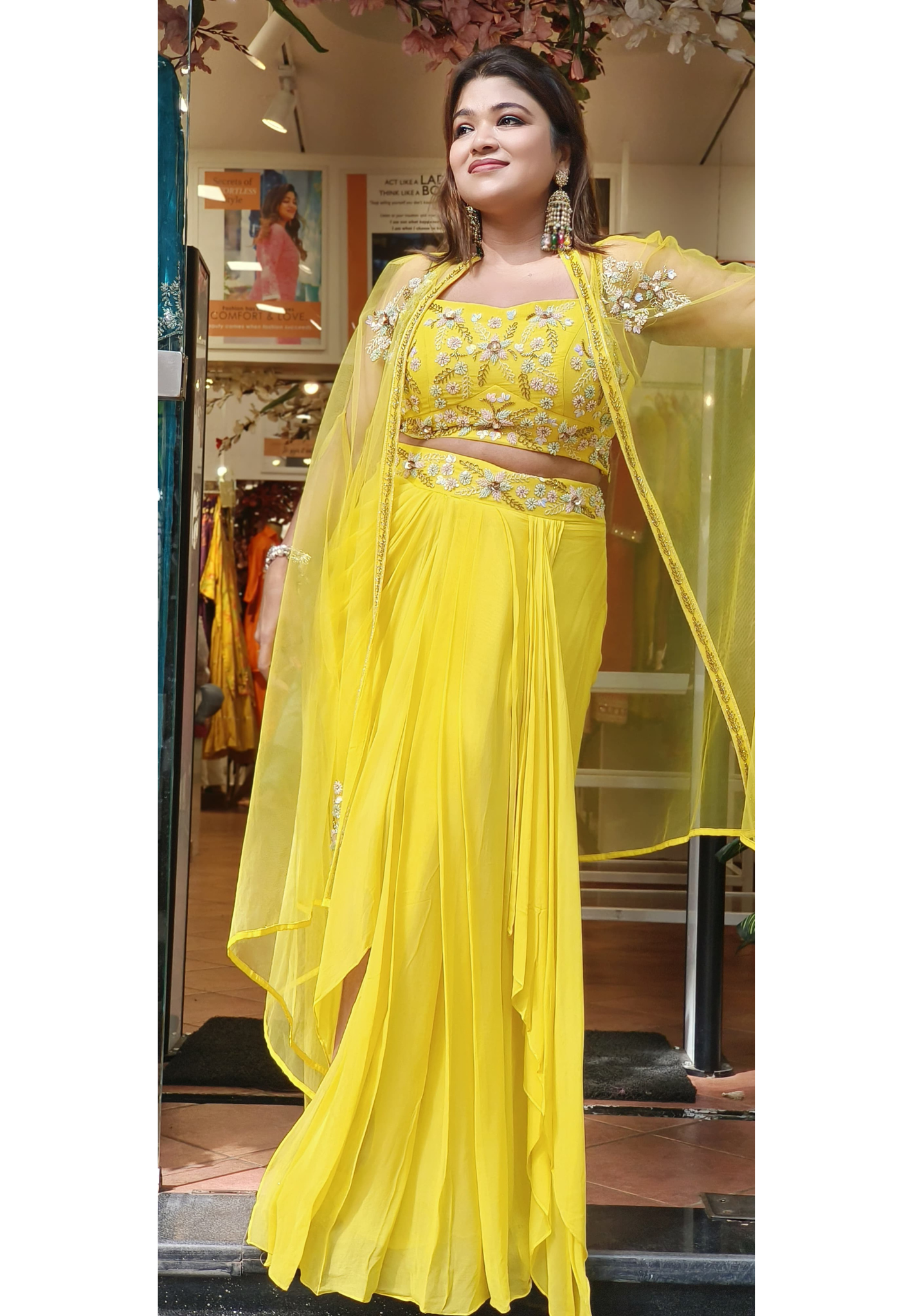 Stylish Indo-western Embroidered Party Wear Indo Western Dress With Dhoti Skirt Crop Top with Netted shrug  DRYWASH-